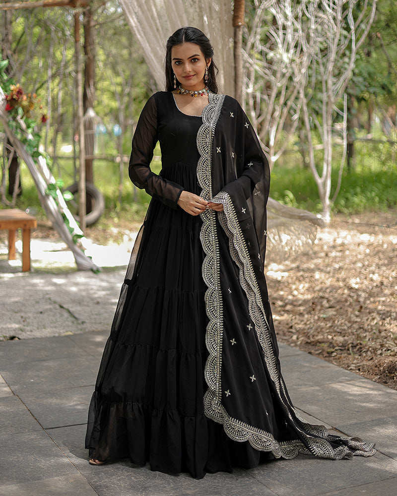 Solid Color Georgette Abaya Style Suit in Black