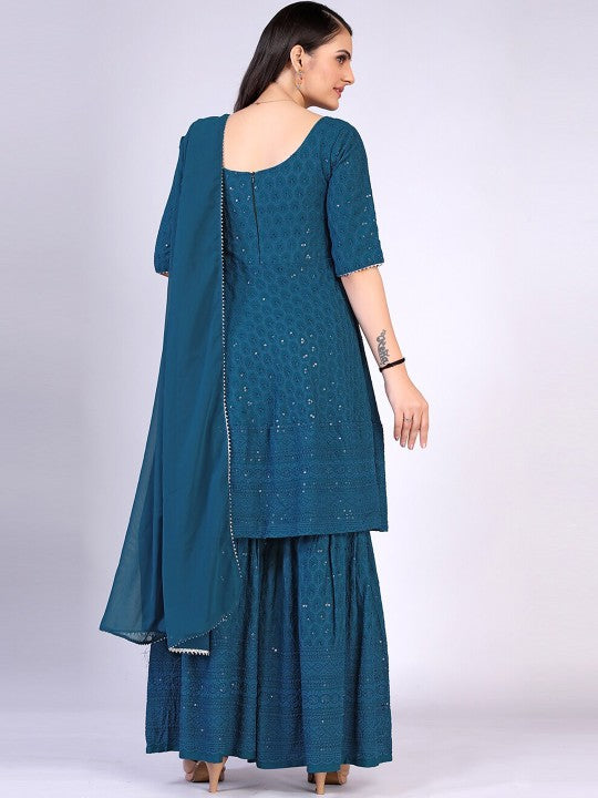Teal Chikankari Sharara Set For Women's