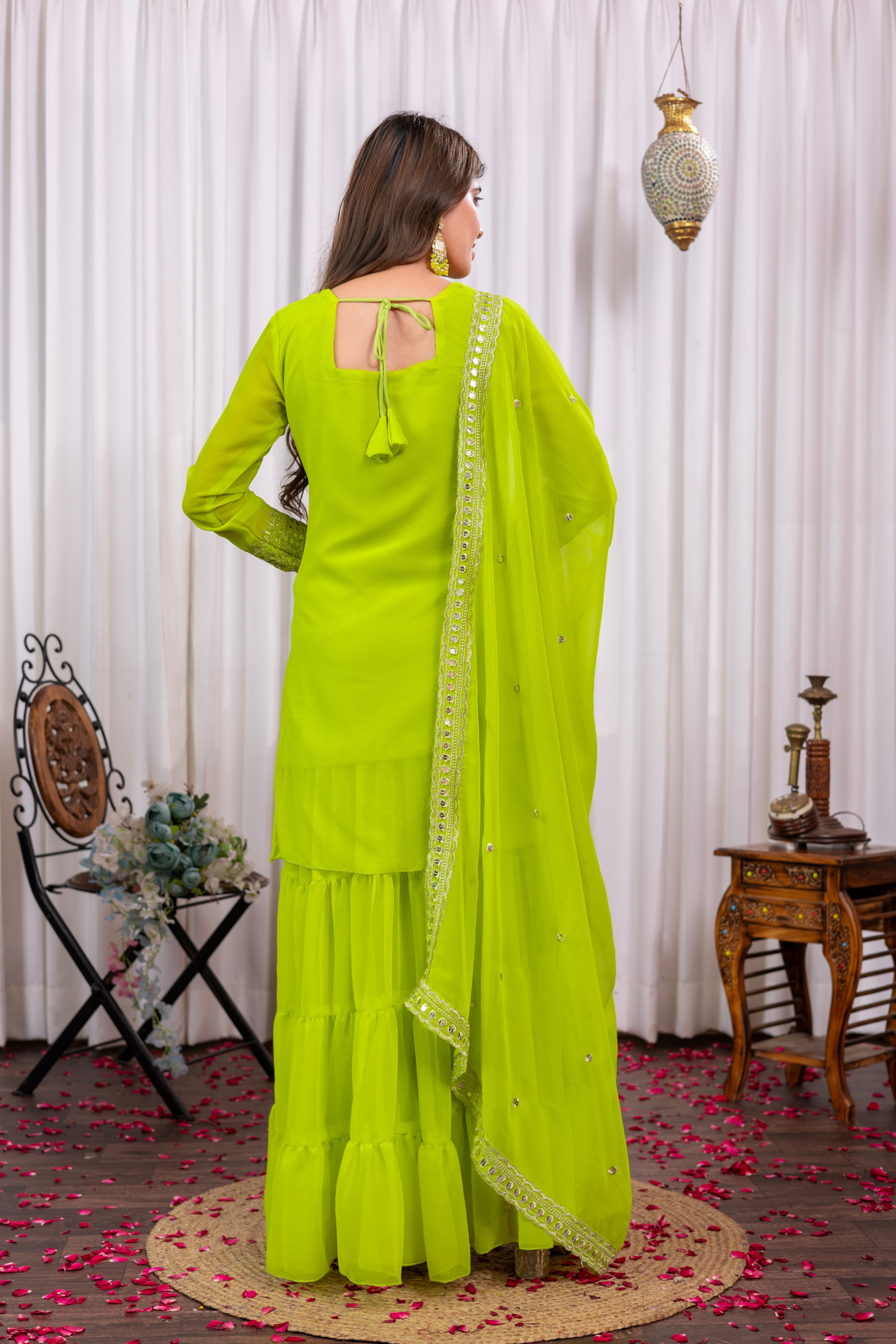 Georgette Lime Green Embroidered Stitched sharara suit for women's