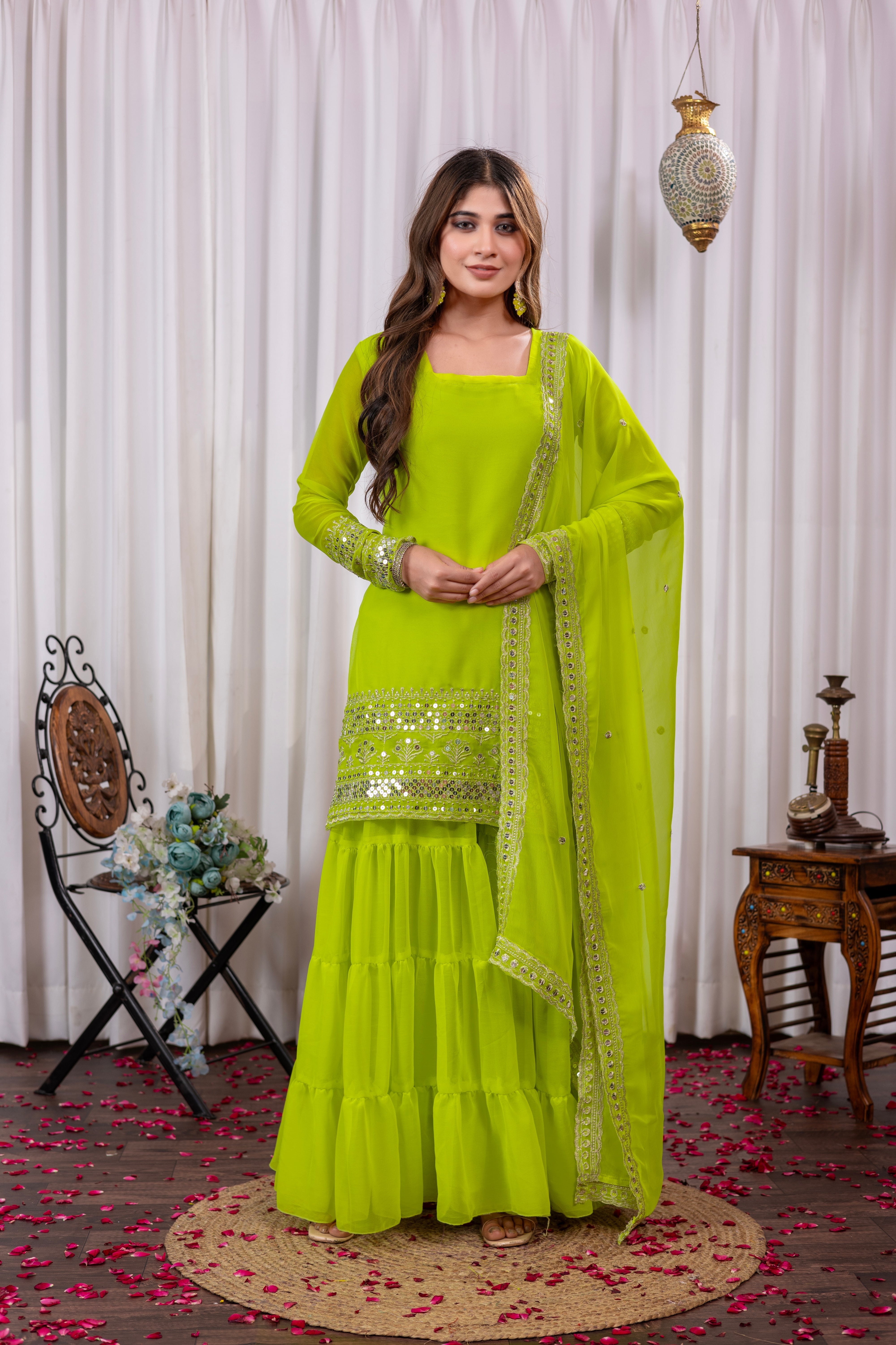 Georgette Lime Green Embroidered Stitched sharara suit for women's