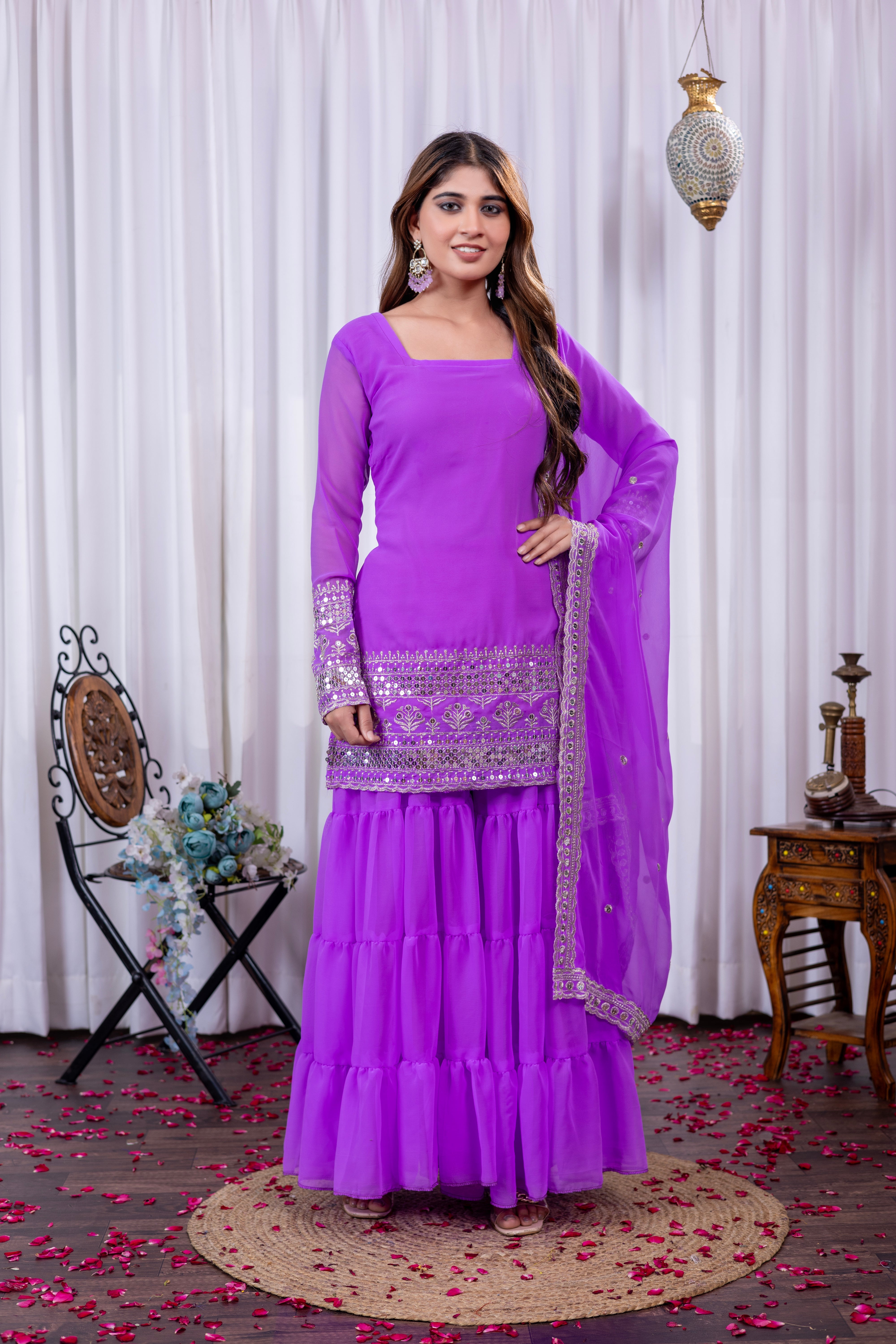 Georgette Lavender Embroidered Stitched sharara suit for women's