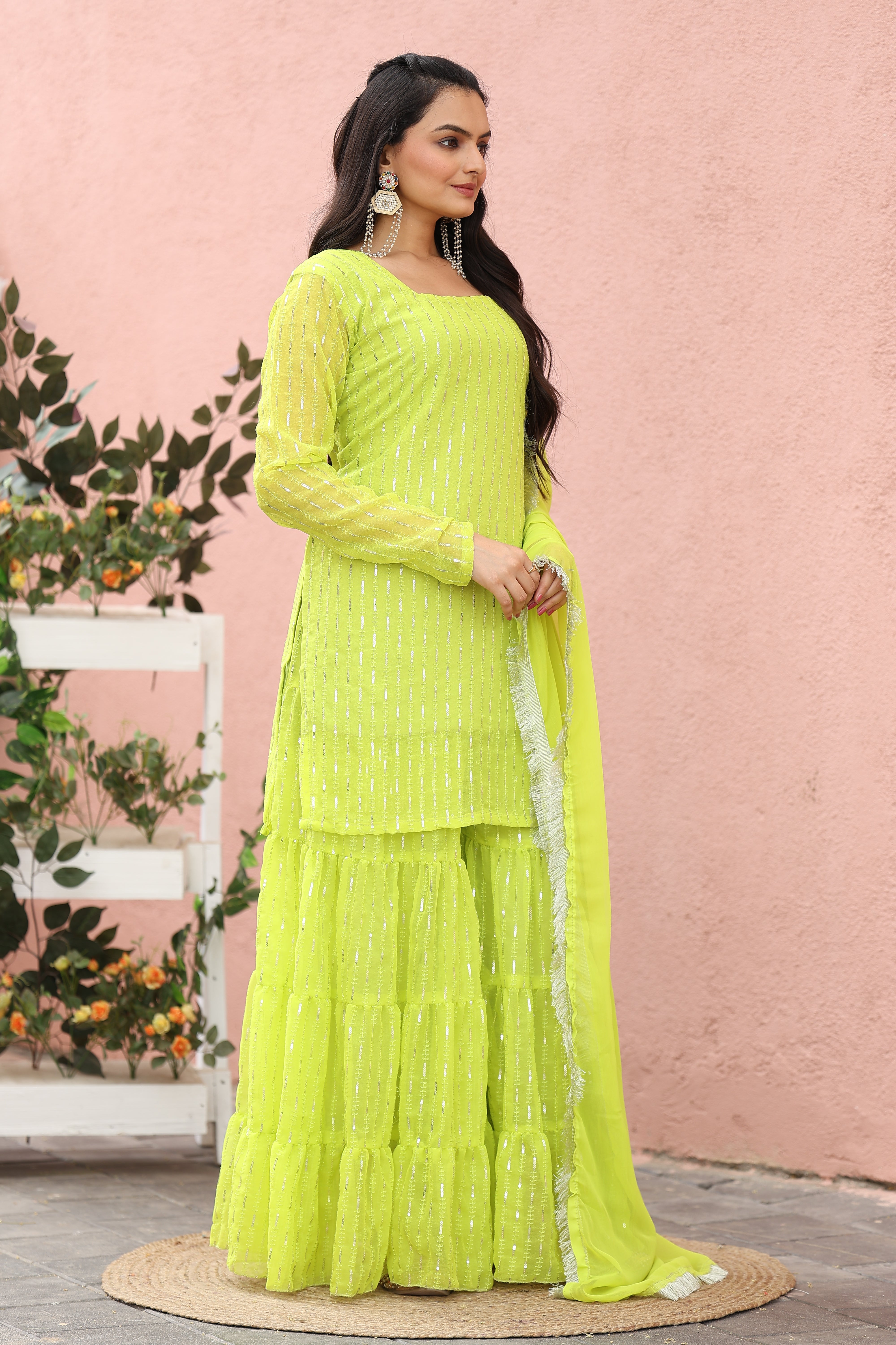 Georgette Lime green Sequince Embroidered Stitched sharara For women's