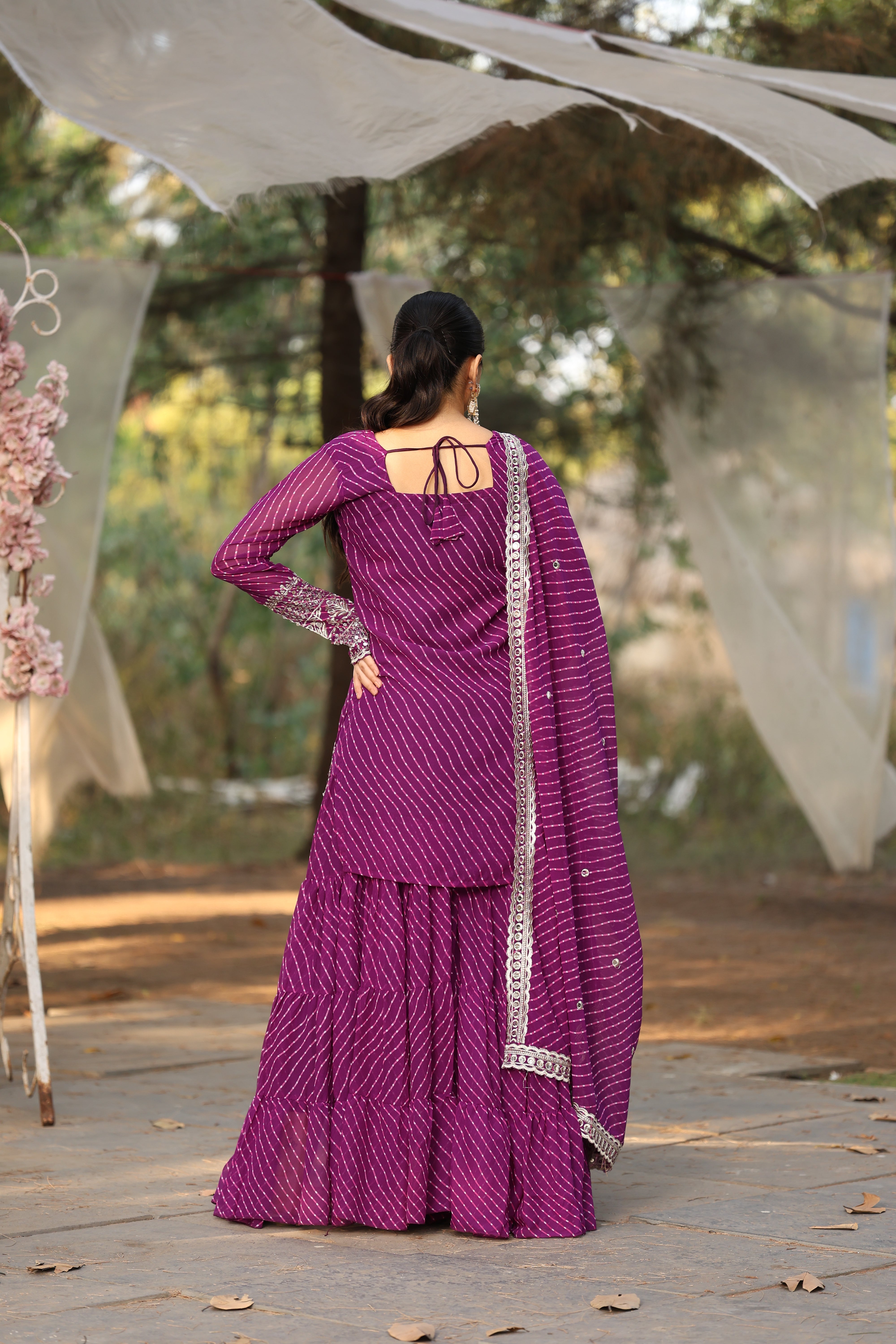 Georgette Purple Embroidered Stitched Leheriya sharara suit for women's