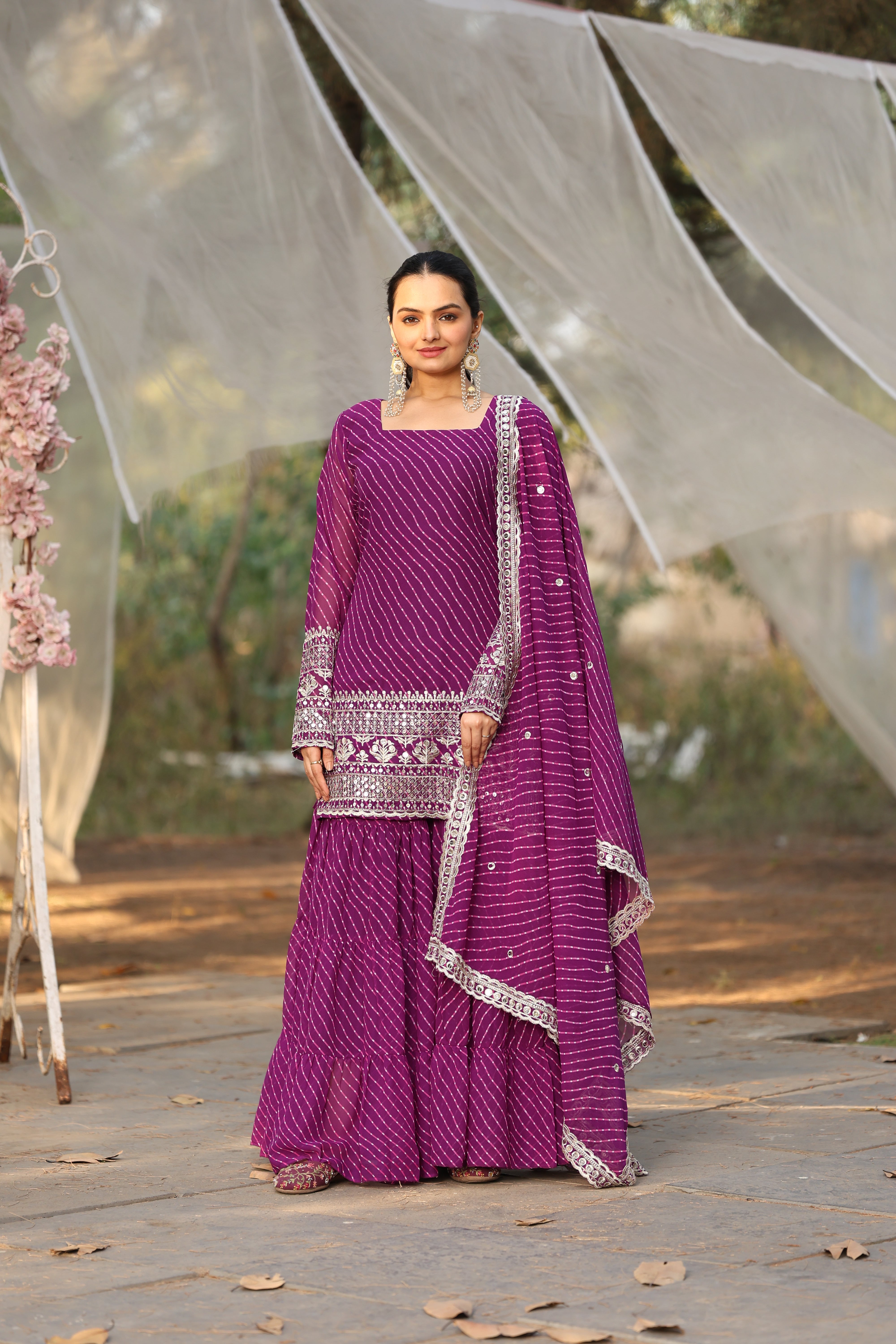 Georgette Purple Embroidered Stitched Leheriya sharara suit for women's