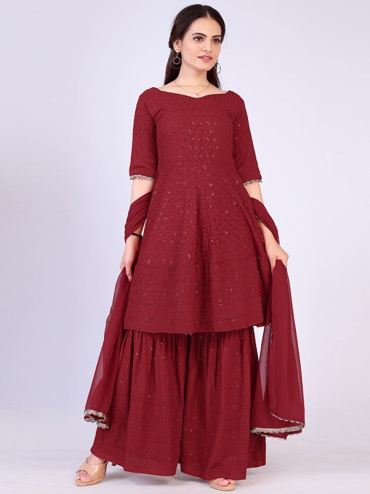 Maroon Chikankari Sharara Set For Women's