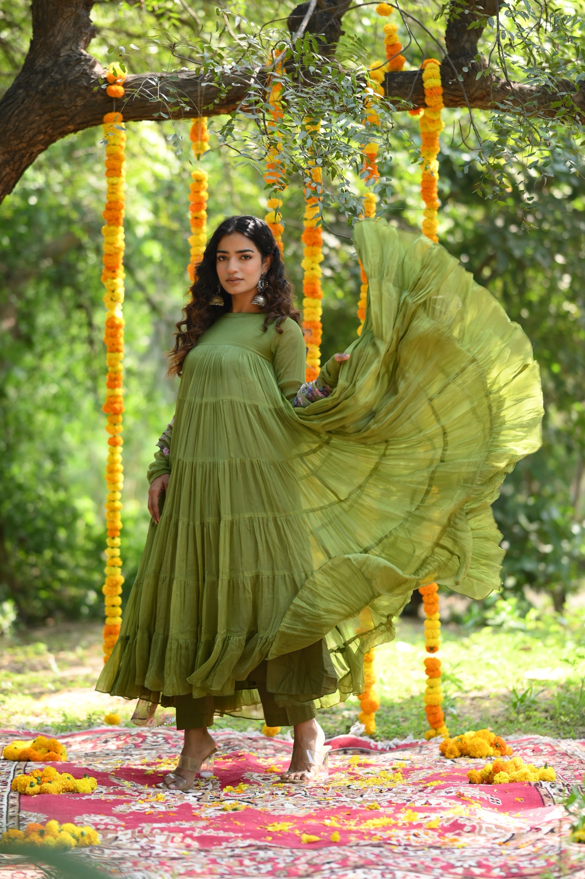 OLIVE GREEN TIER PATTERN ANARKALI