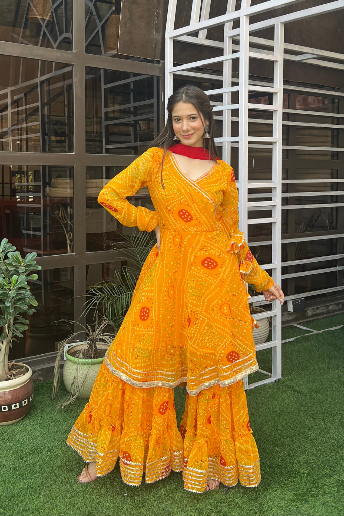 Yellow Bandhani Print Sharara Set For Women's