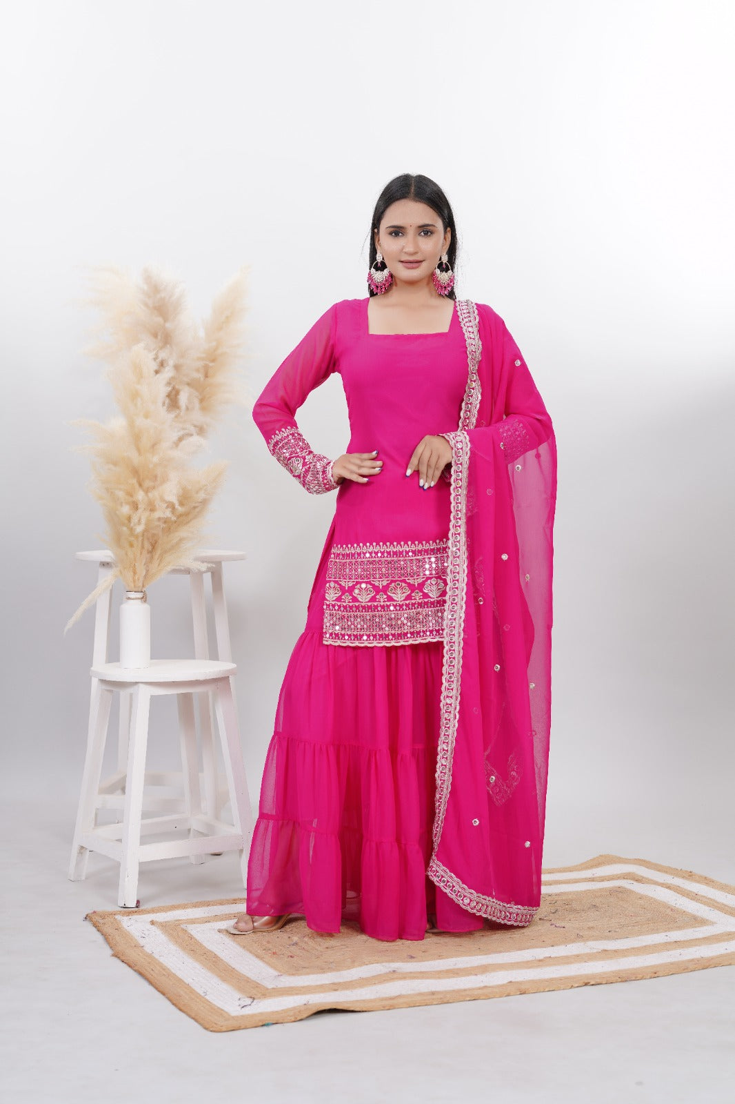 Georgette Pink Embroidered Stitched sharara For women's
