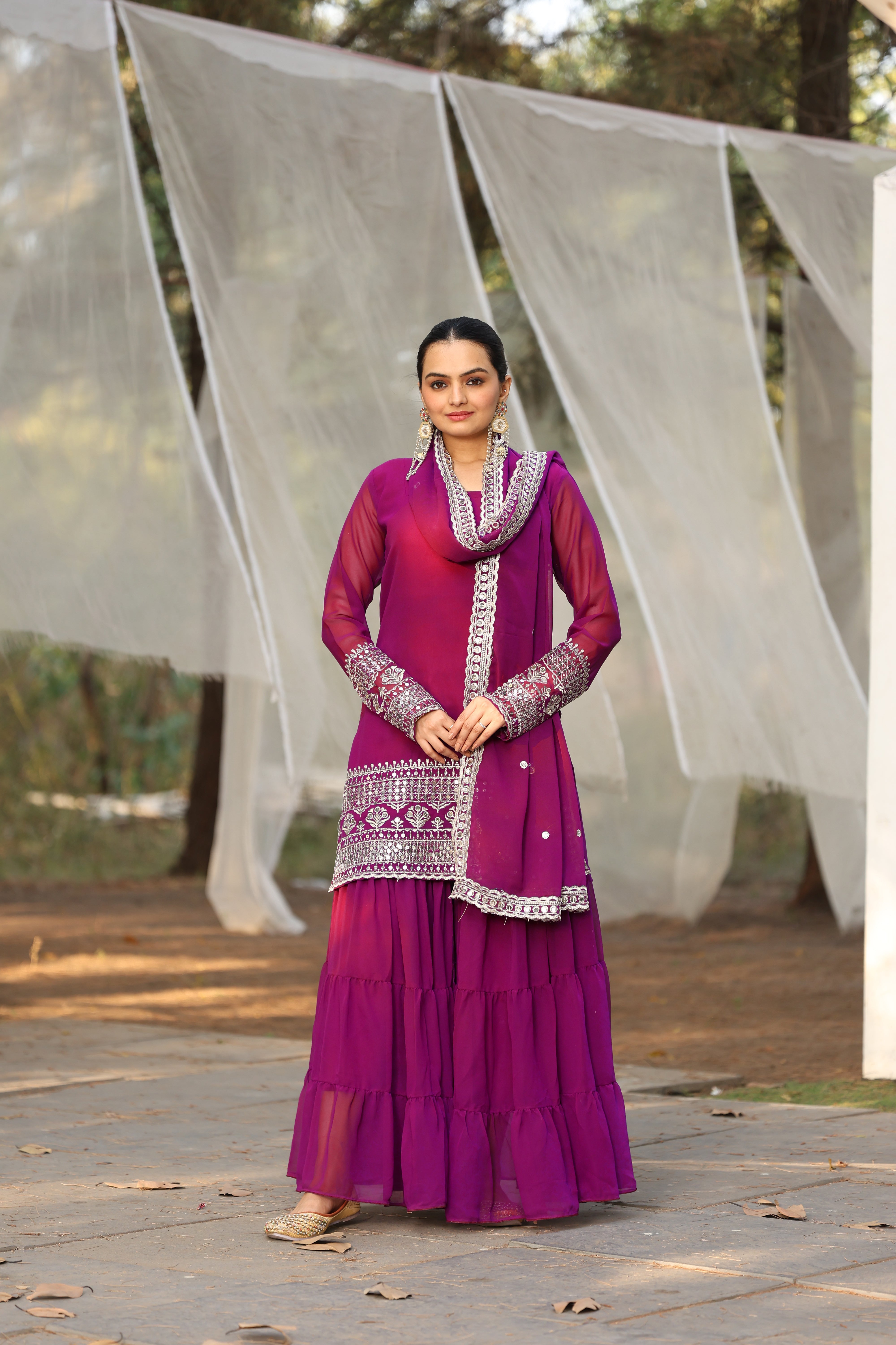 Georgette Pink Embroidered Women's Stitched sharara pair