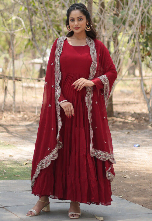 Solid Color Georgette Abaya Style Suit in Maroon