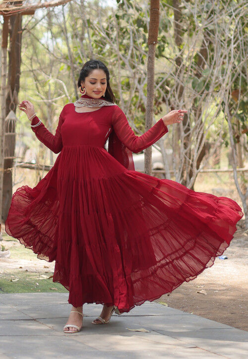 Solid Color Georgette Abaya Style Suit in Maroon