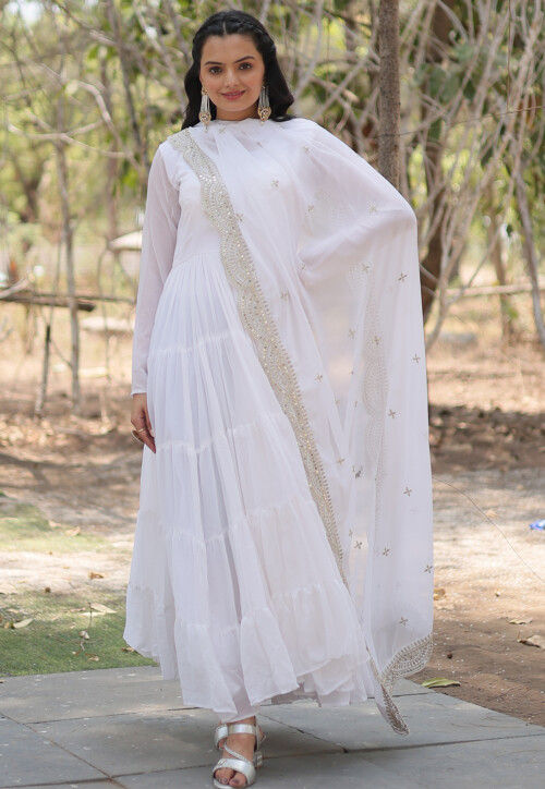 Solid Color Georgette Abaya Style Suit in White