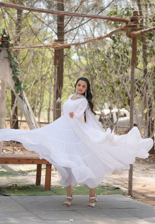 Solid Color Georgette Abaya Style Suit in White