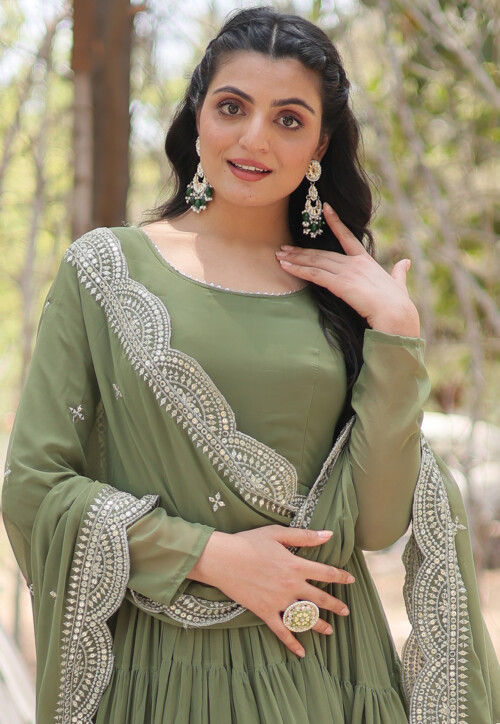 Solid Color Georgette Abaya Style Suit in Olive Green