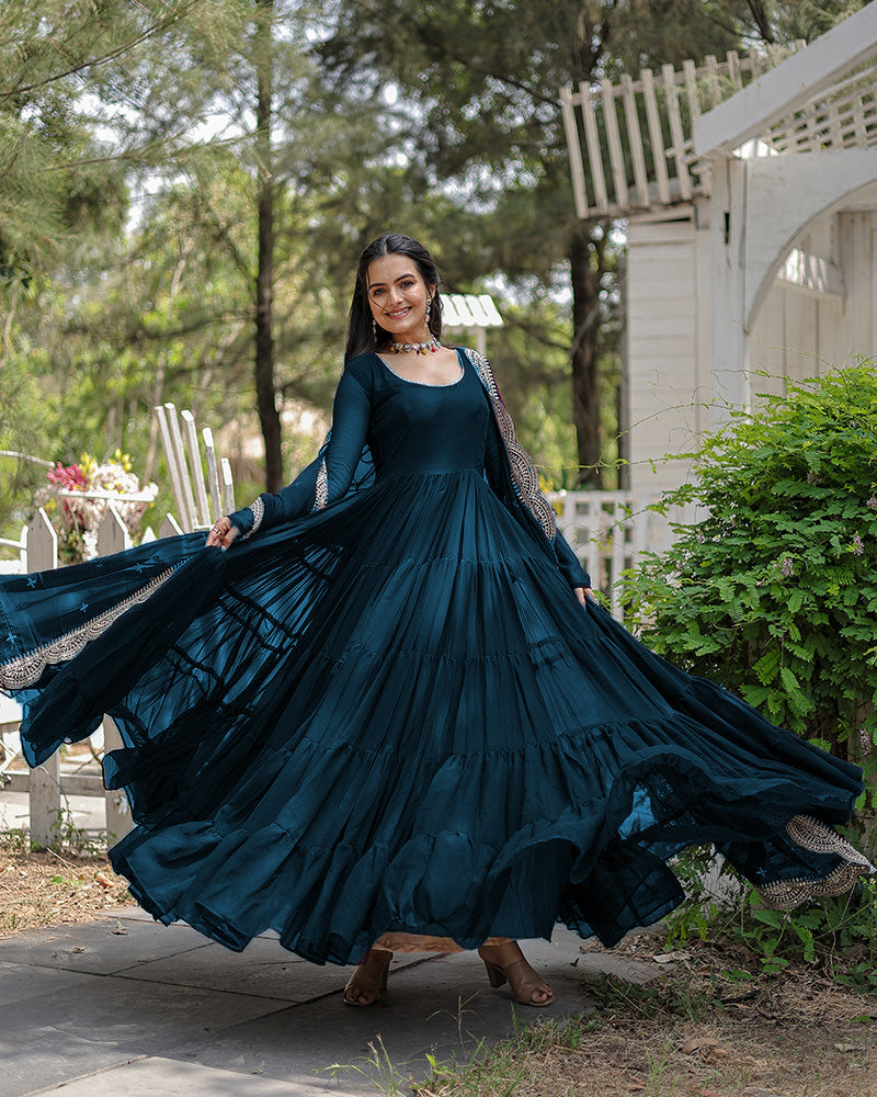 Solid Color Georgette Abaya Style Suit in Teal