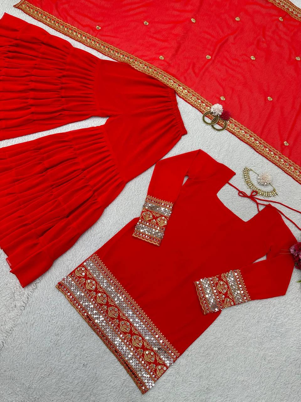 Stylish RED Heavy Georgette Embroidered Sharara Pair Set