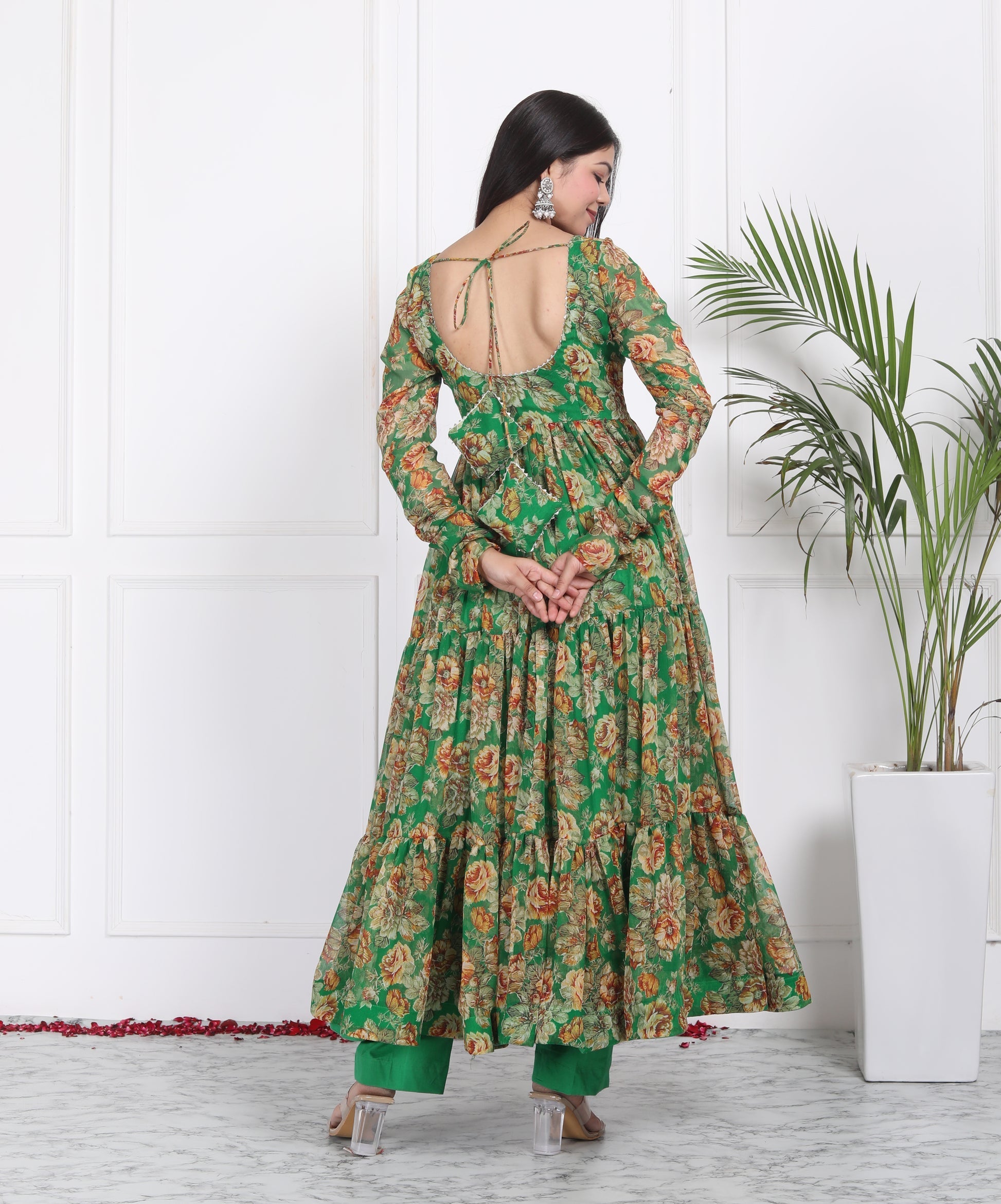 Floral Print Georgette Abaya Style Suit in Green