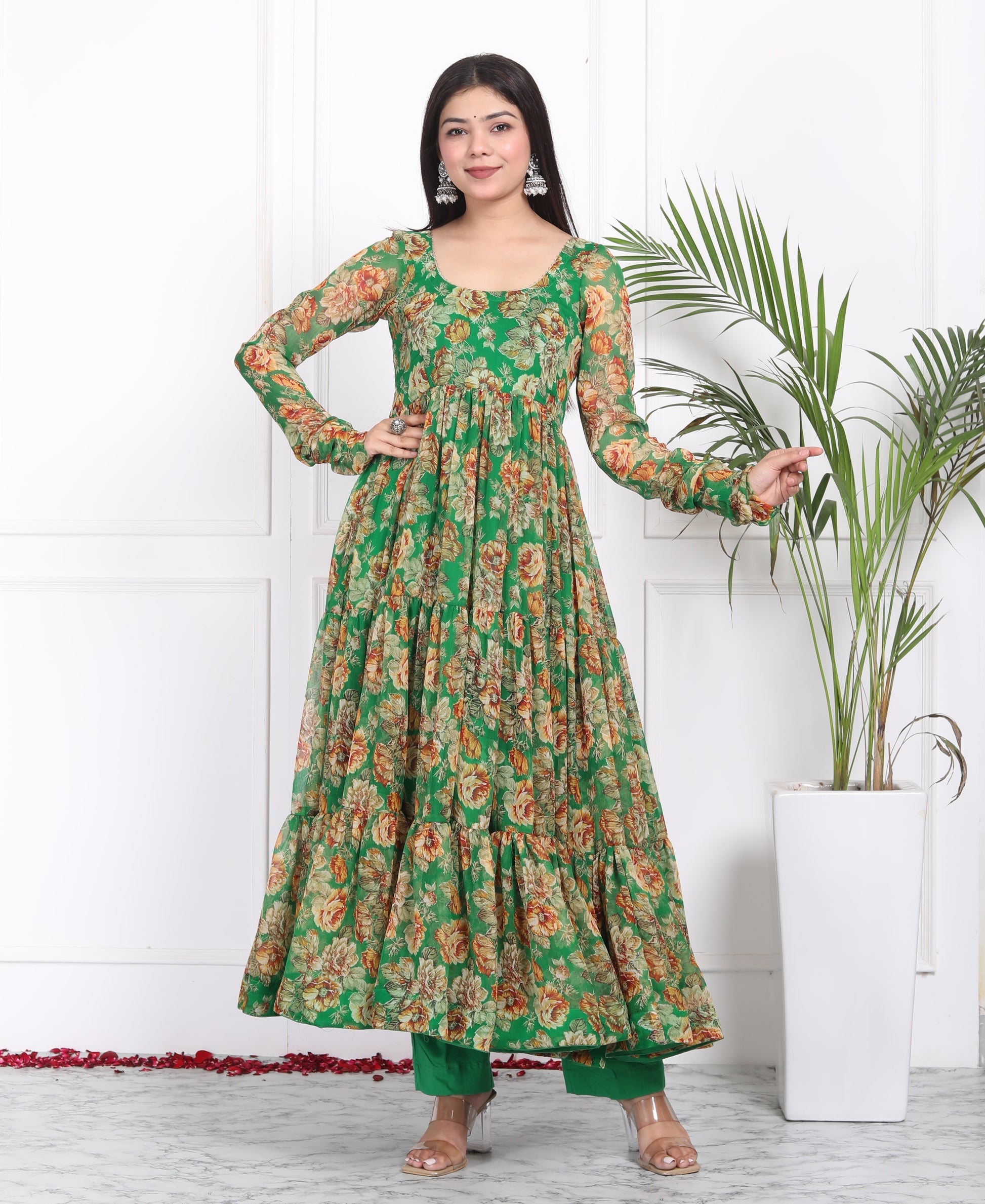 Floral Print Georgette Abaya Style Suit in Green