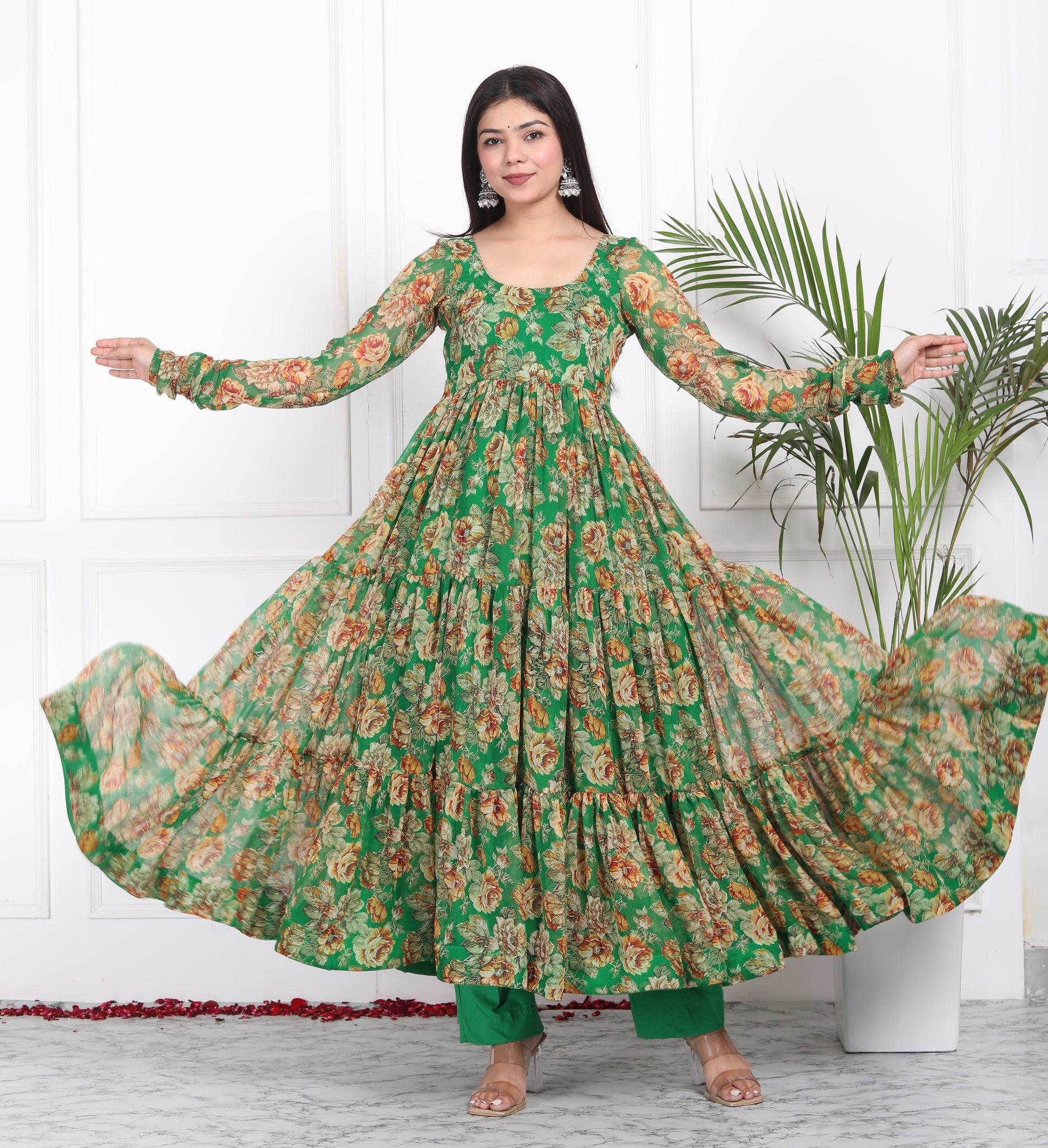Floral Print Georgette Abaya Style Suit in Green