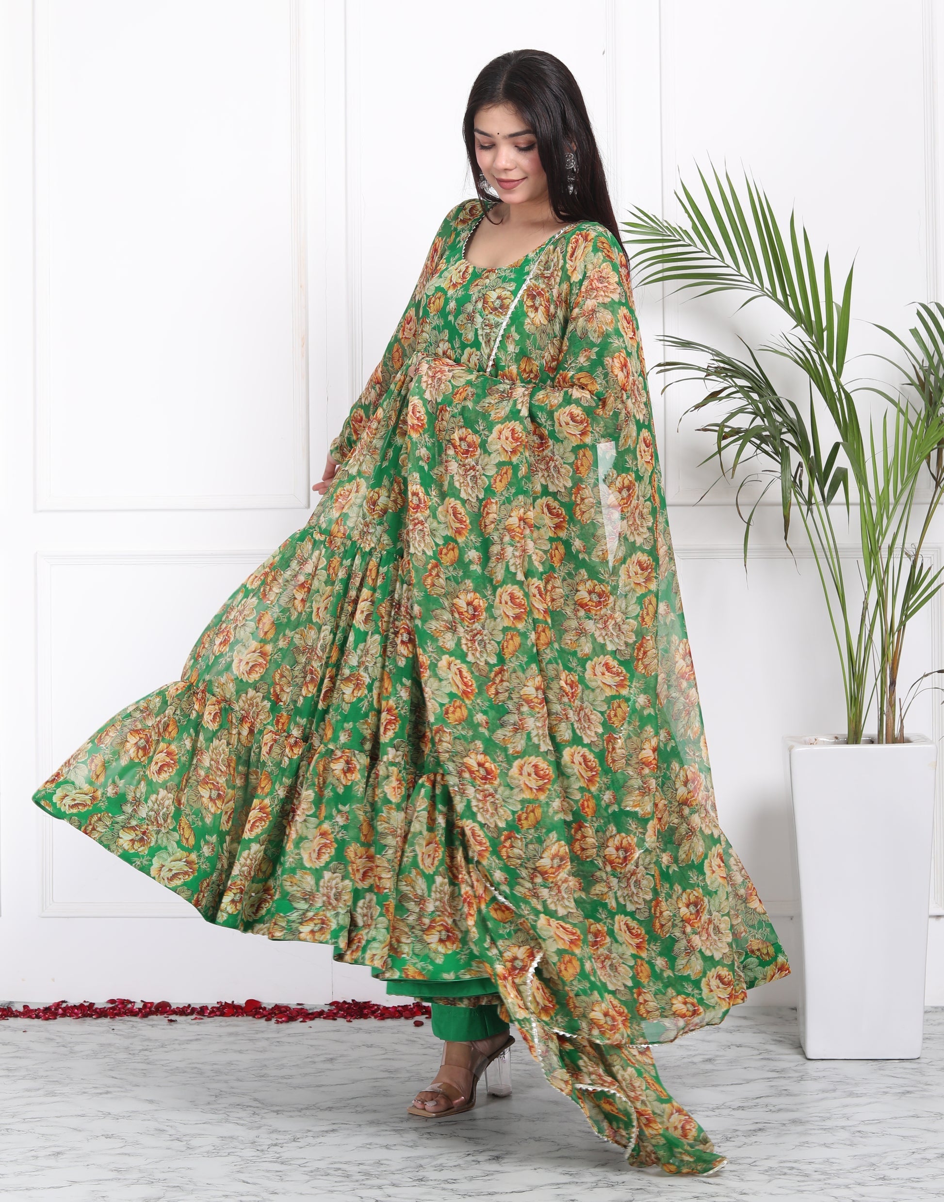 Floral Print Georgette Abaya Style Suit in Green