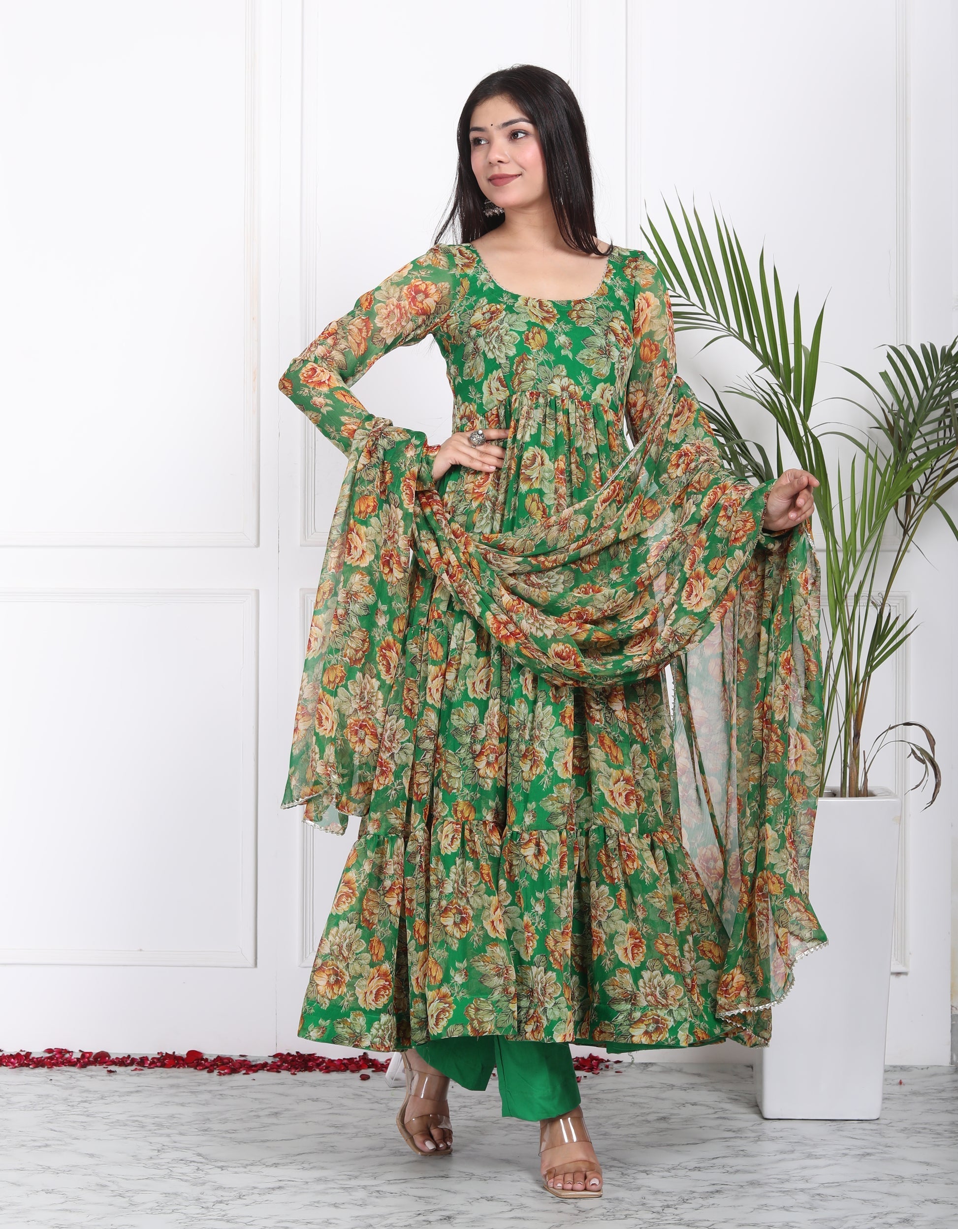 Floral Print Georgette Abaya Style Suit in Green