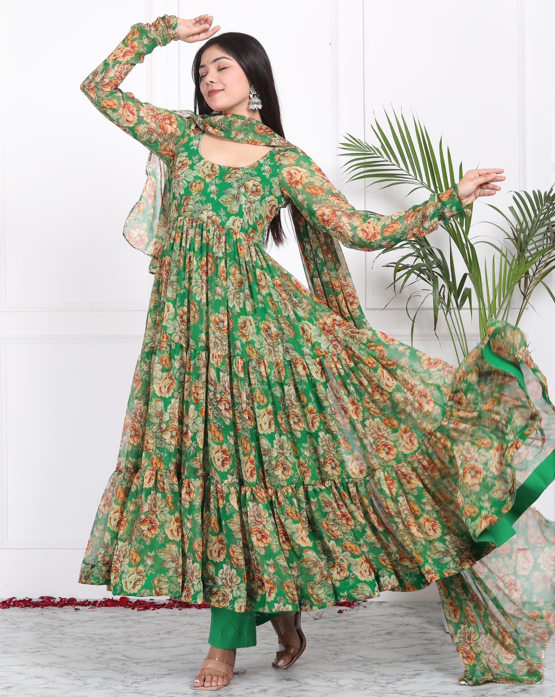 Floral Print Georgette Abaya Style Suit in Green