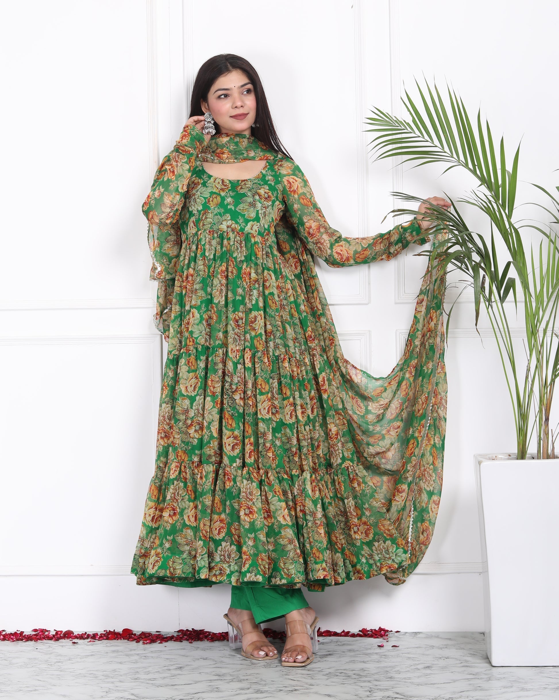 Floral Print Georgette Abaya Style Suit in Green