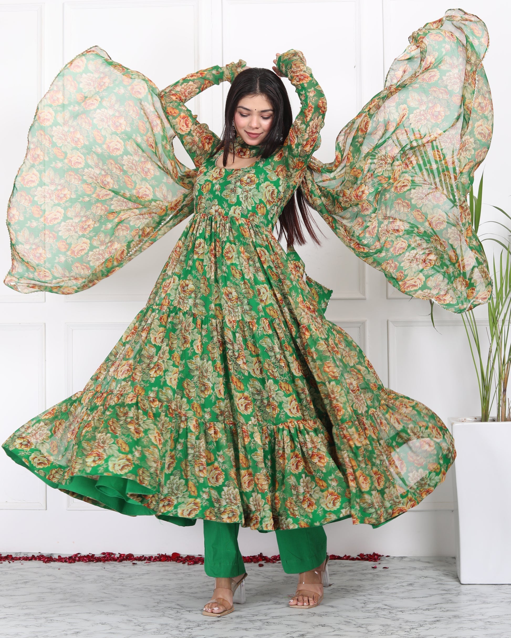 Floral Print Georgette Abaya Style Suit in Green