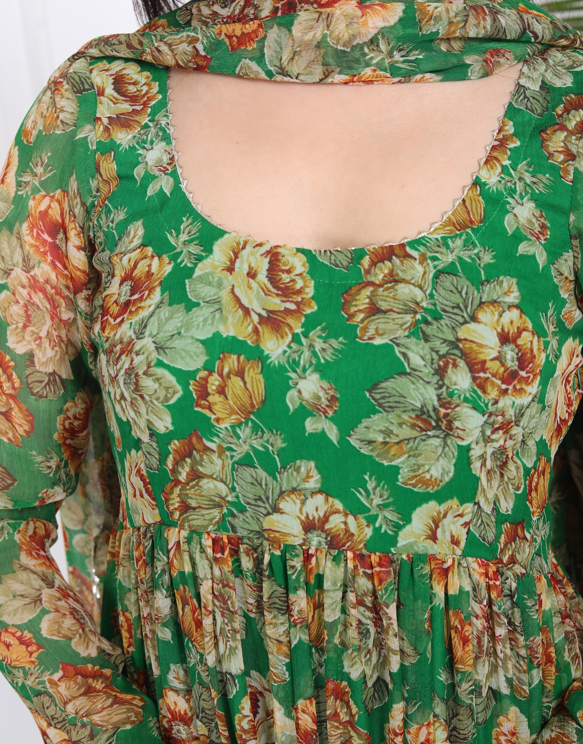 Floral Print Georgette Abaya Style Suit in Green