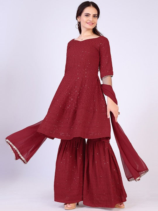 Maroon Chikankari Sharara Set For Women's
