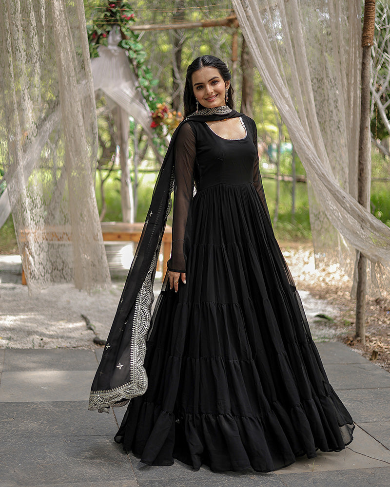 Solid Color Georgette Abaya Style Suit in Black