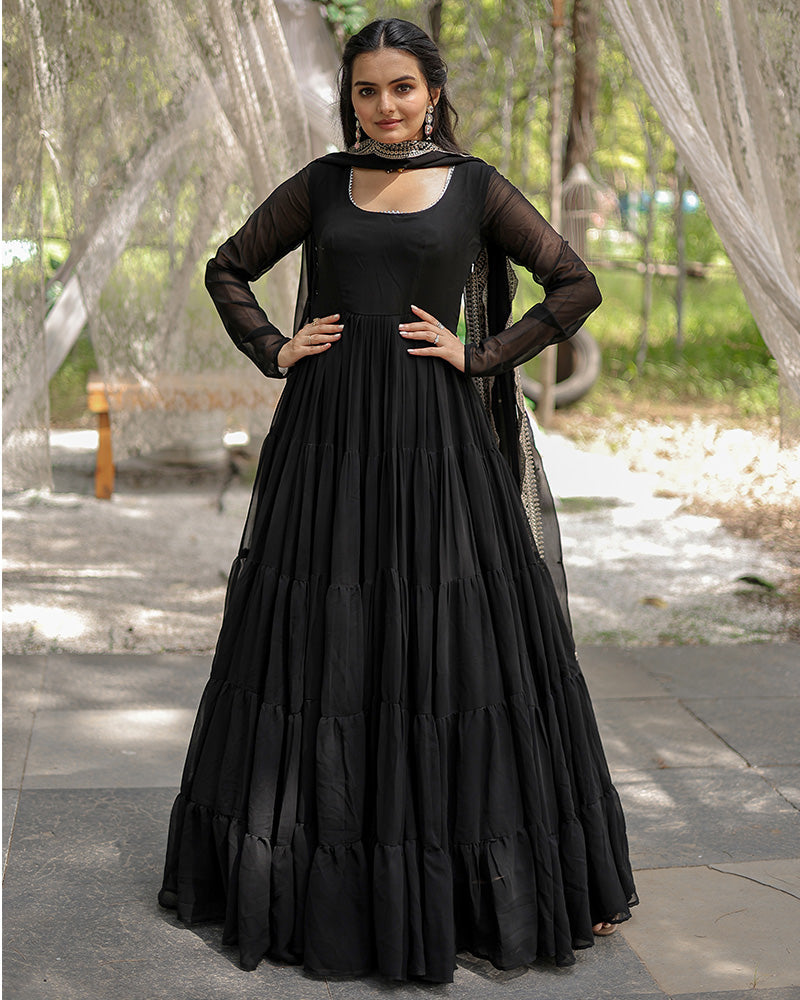 Solid Color Georgette Abaya Style Suit in Black