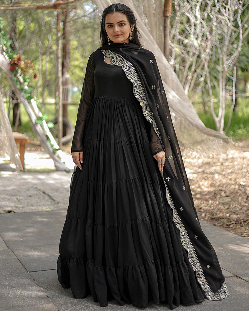 Solid Color Georgette Abaya Style Suit in Black