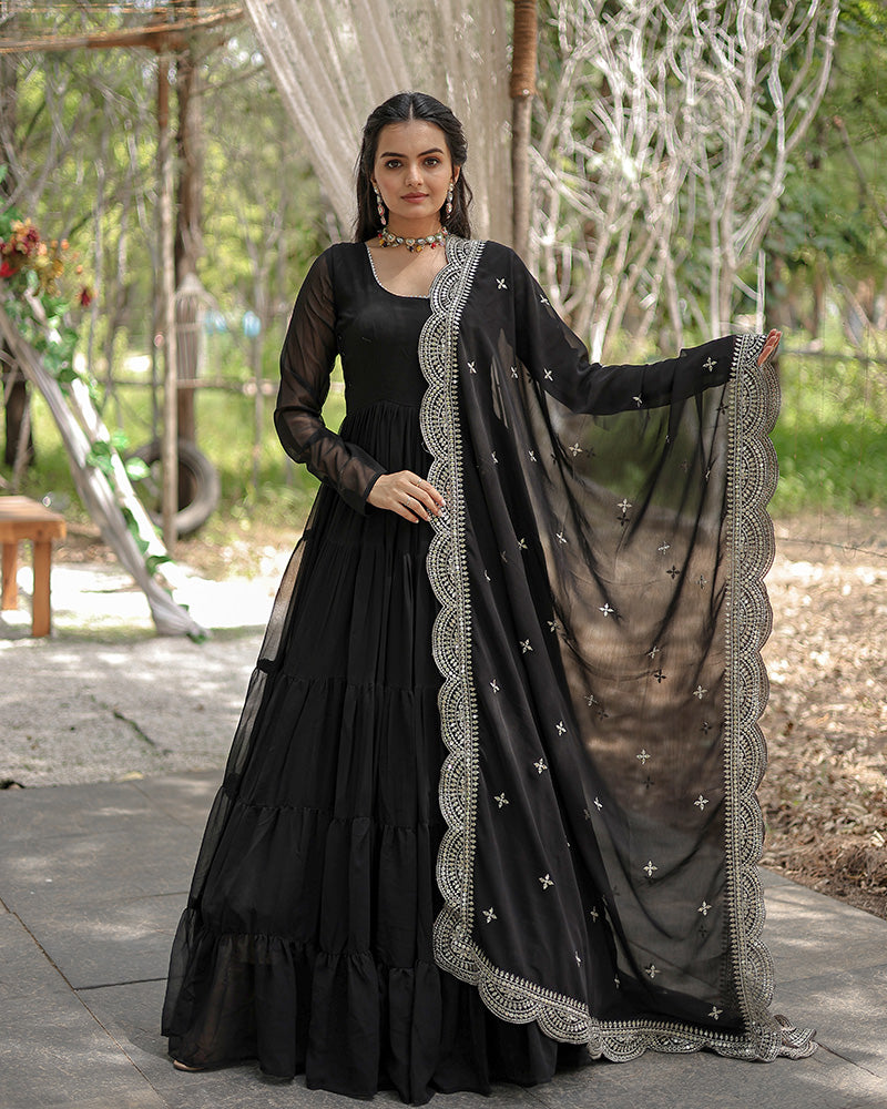 Solid Color Georgette Abaya Style Suit in Black
