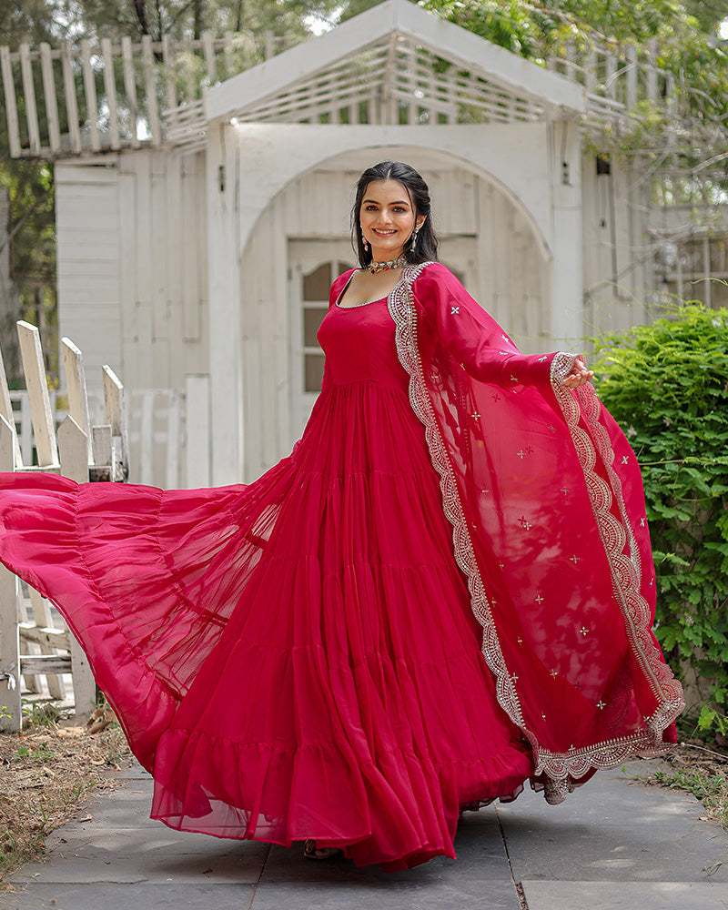 Solid Color Georgette Abaya Style Suit in Pink