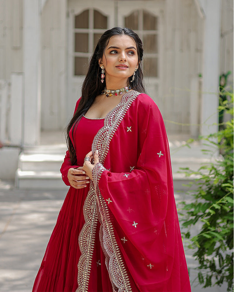 Solid Color Georgette Abaya Style Suit in Pink