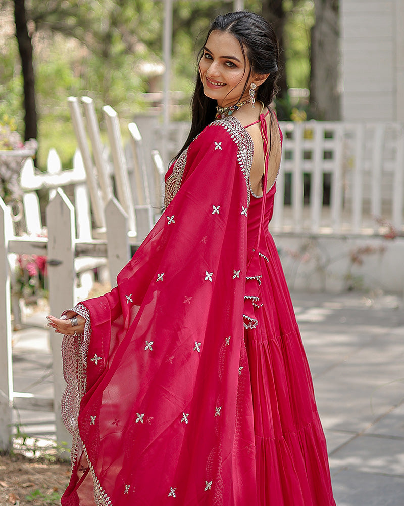 Solid Color Georgette Abaya Style Suit in Pink