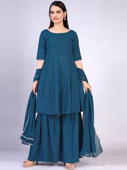 Teal Chikankari Sharara Set For Women's