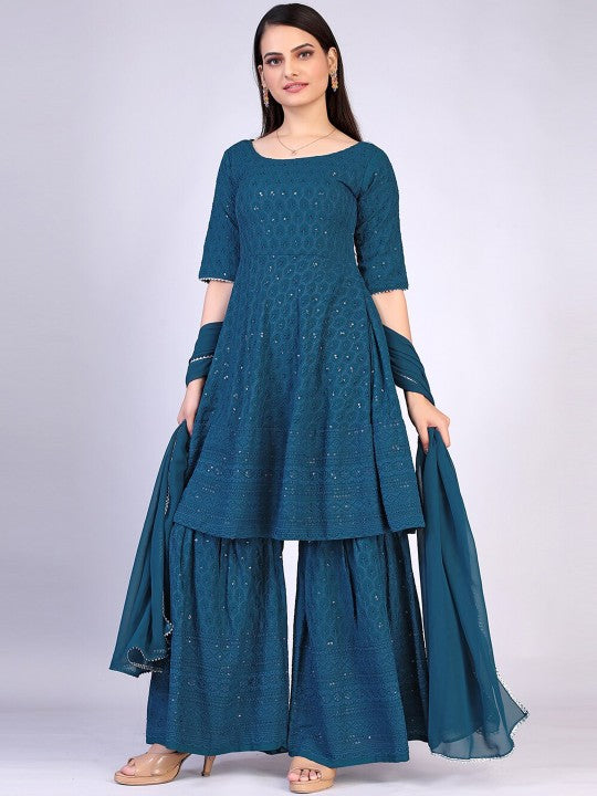 Teal Chikankari Sharara Set For Women's