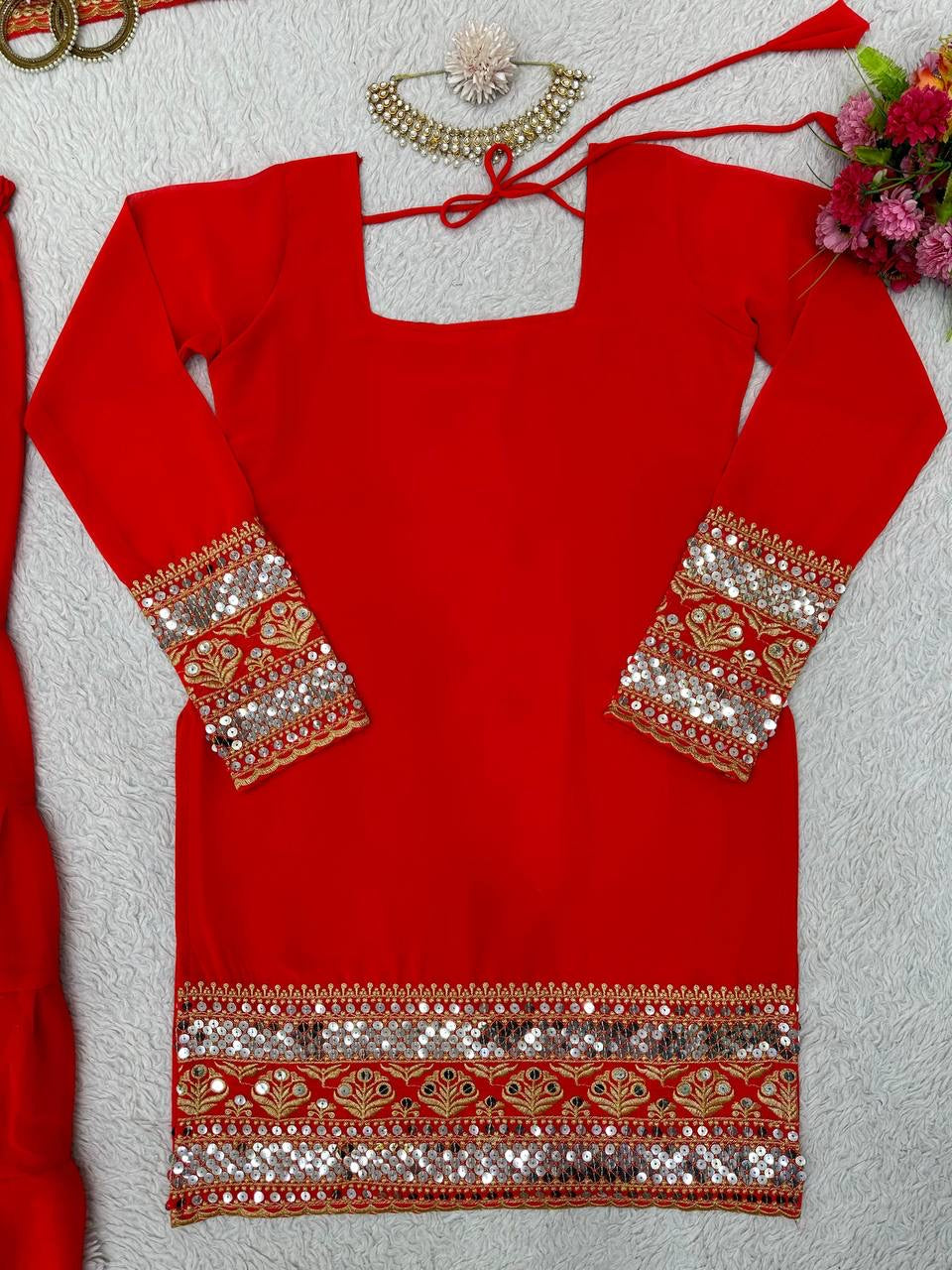 Stylish RED Heavy Georgette Embroidered Sharara Pair Set