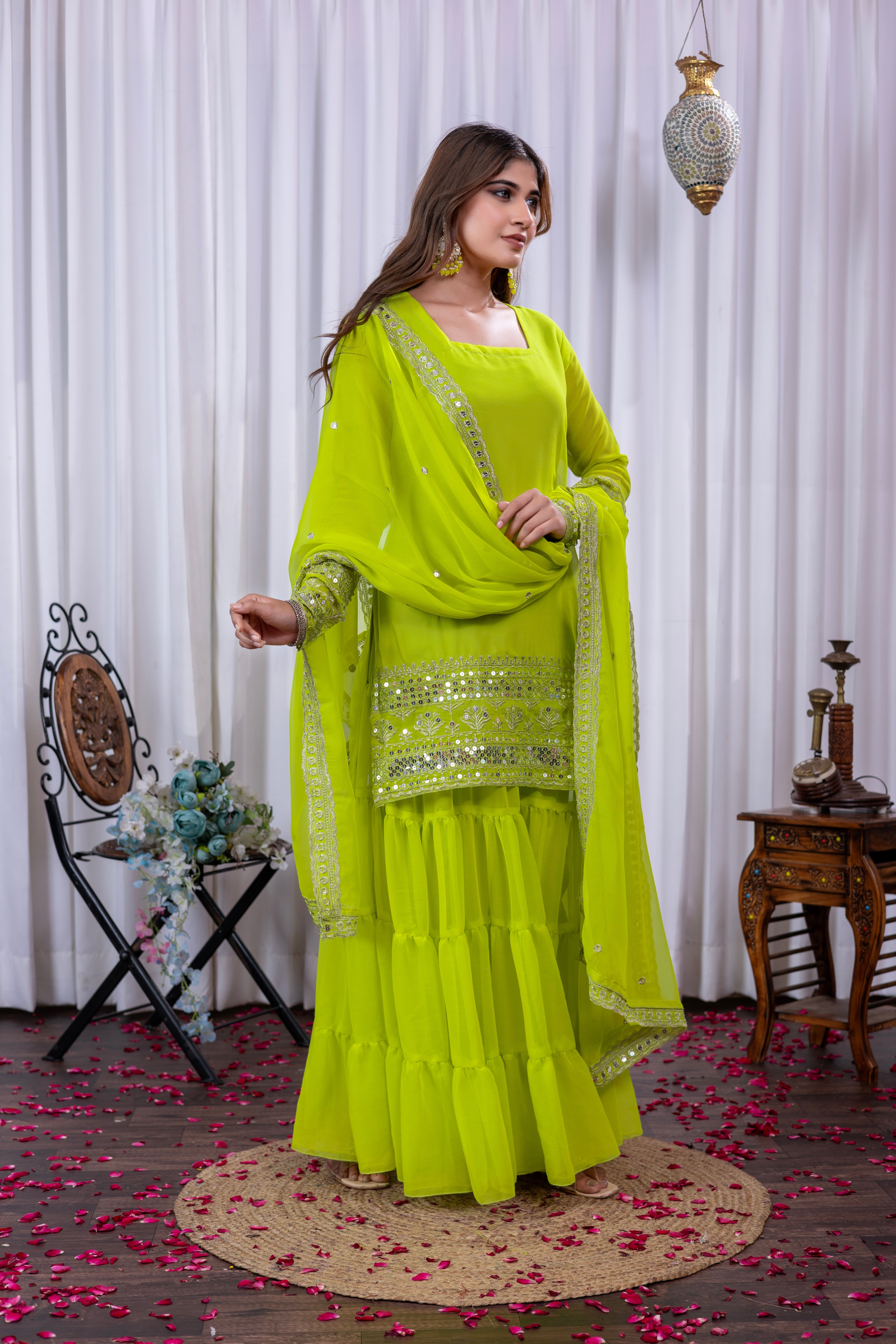 Georgette Lime Green Embroidered Stitched sharara suit for women's