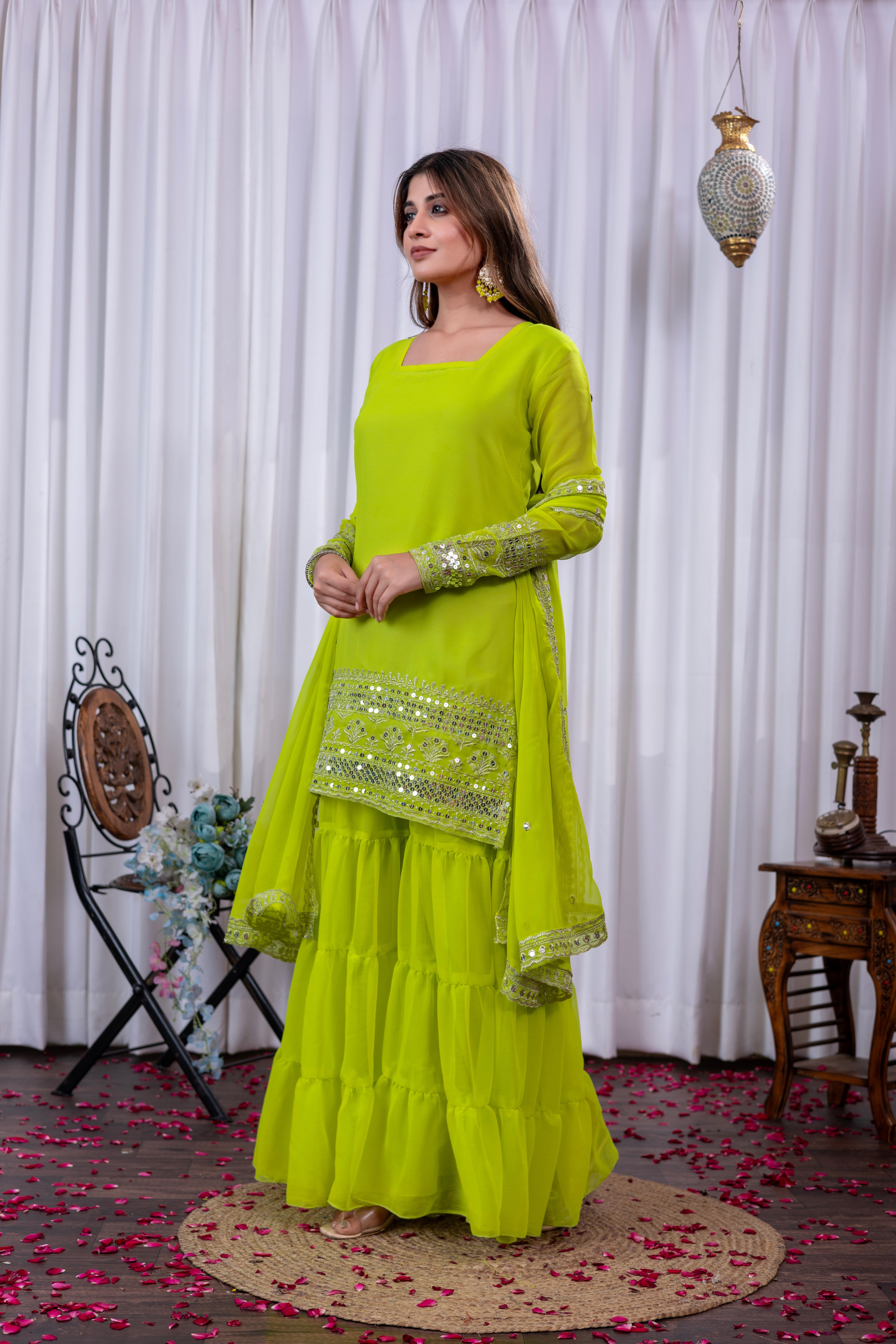 Georgette Lime Green Embroidered Stitched sharara suit for women's