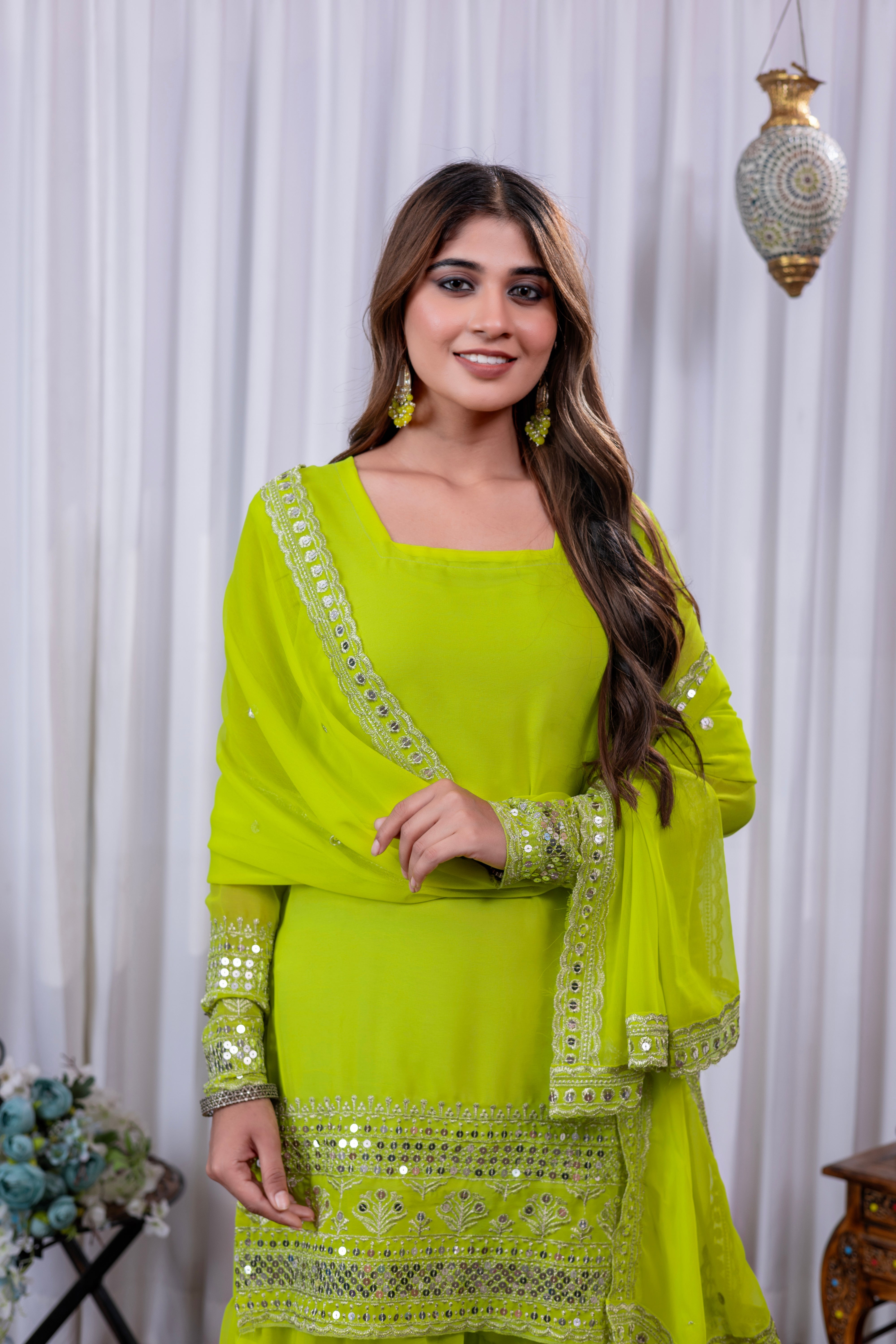Georgette Lime Green Embroidered Stitched sharara suit for women's