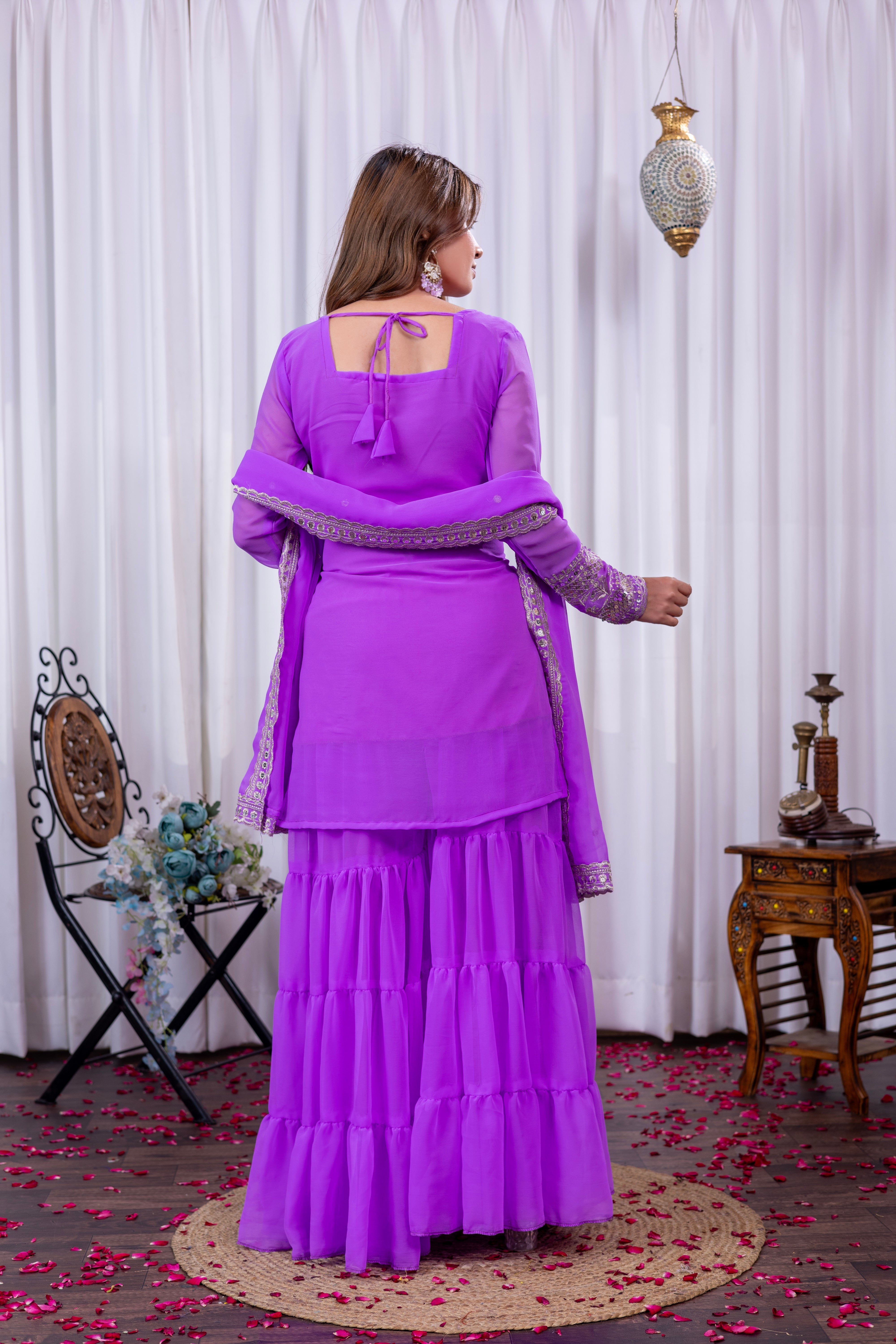 Georgette Lavender Embroidered Stitched sharara suit for women's