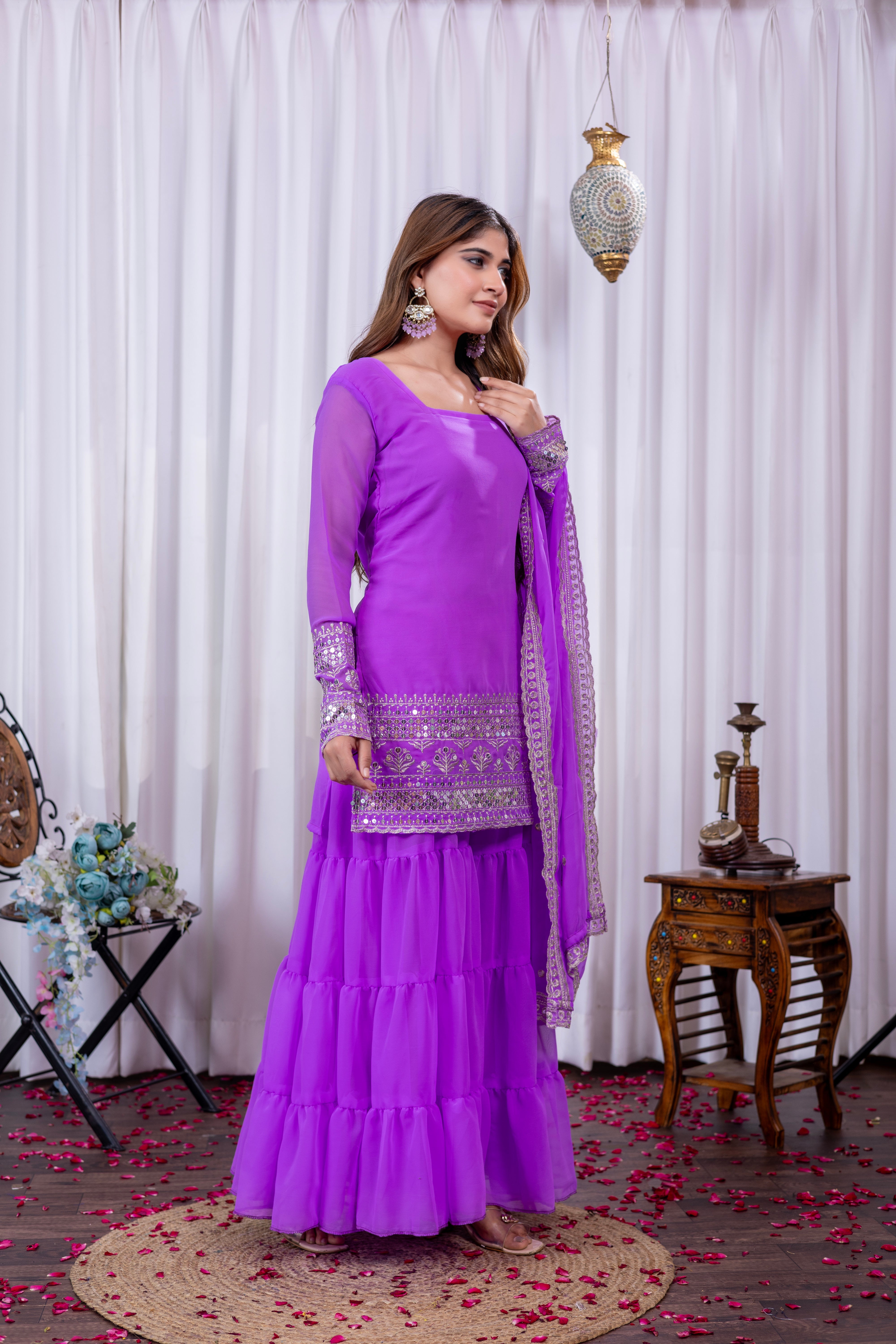 Georgette Lavender Embroidered Stitched sharara suit for women's