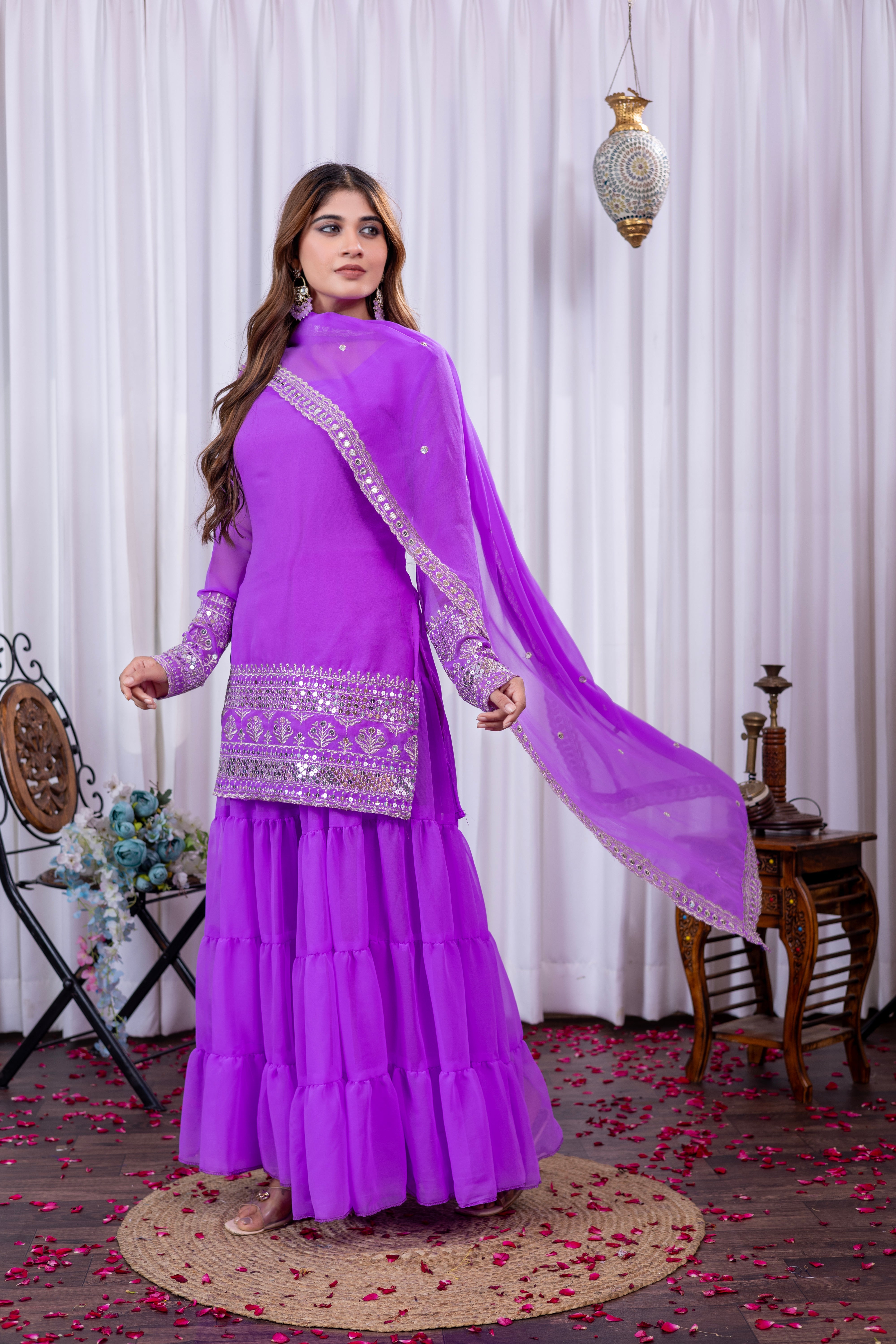 Georgette Lavender Embroidered Stitched sharara suit for women's