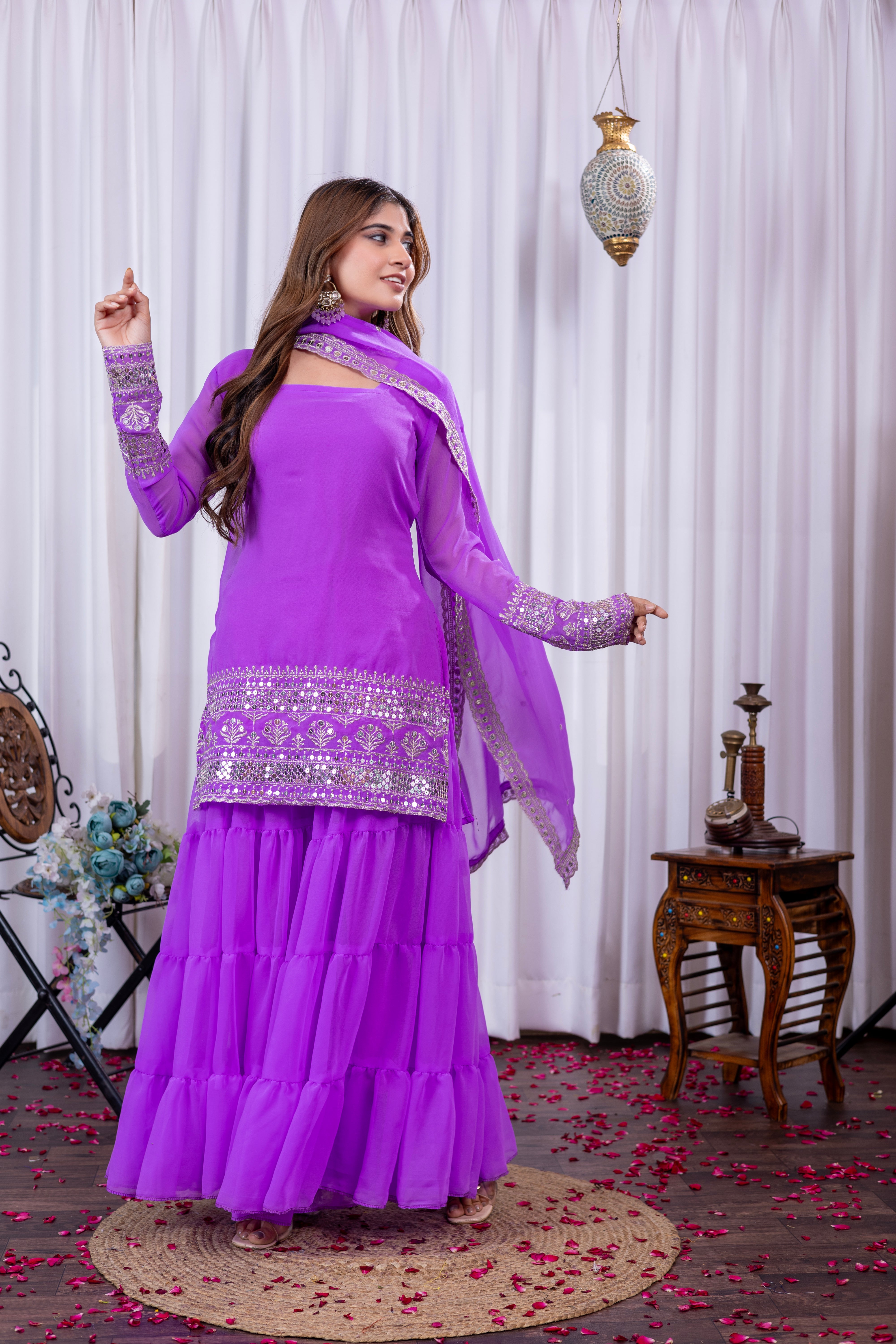 Georgette Lavender Embroidered Stitched sharara suit for women's
