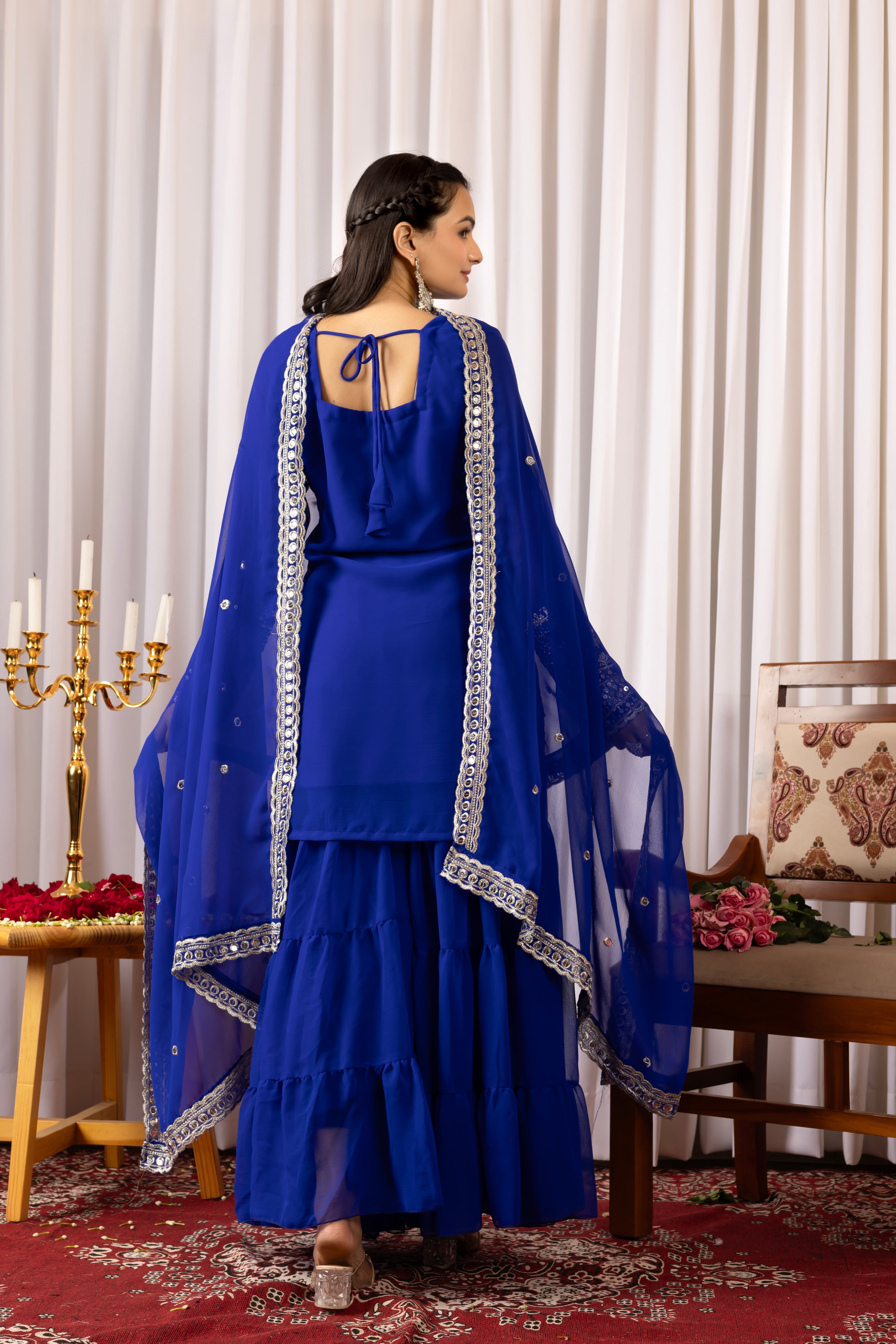 Georgette Blue Embroidered Stitched sharara suit for women's