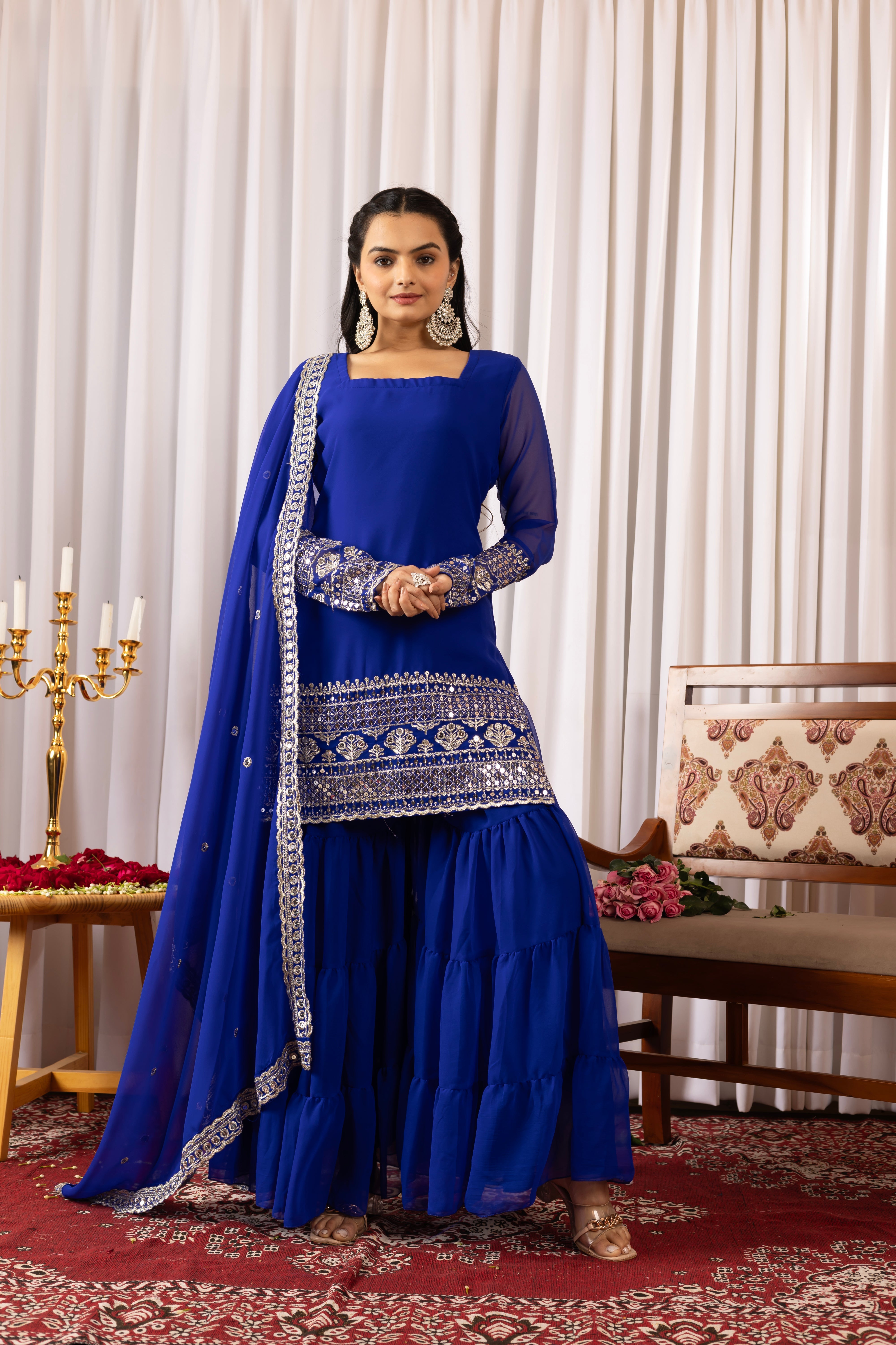 Georgette Blue Embroidered Stitched sharara suit for women's