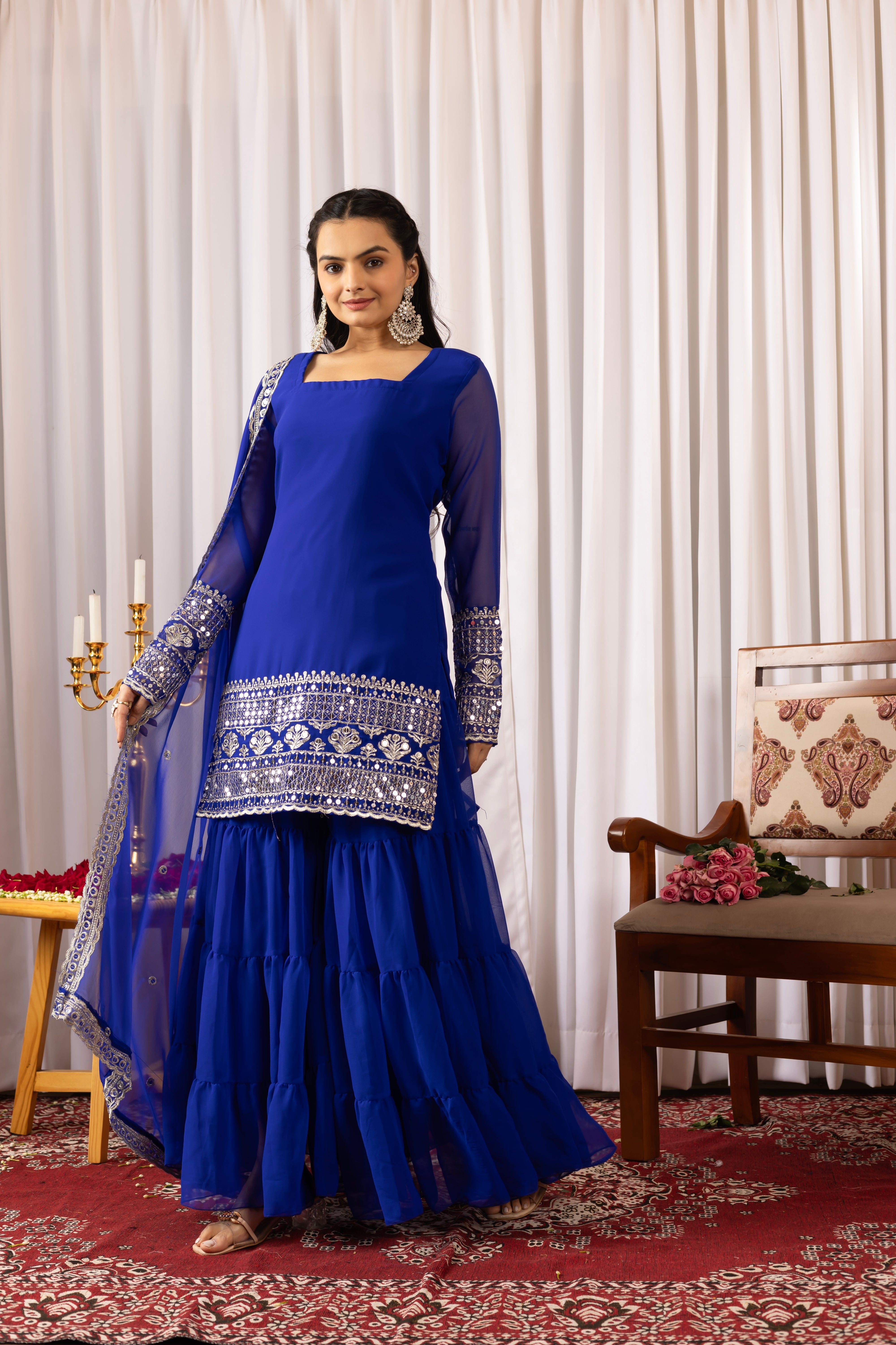 Georgette Blue Embroidered Stitched sharara suit for women's
